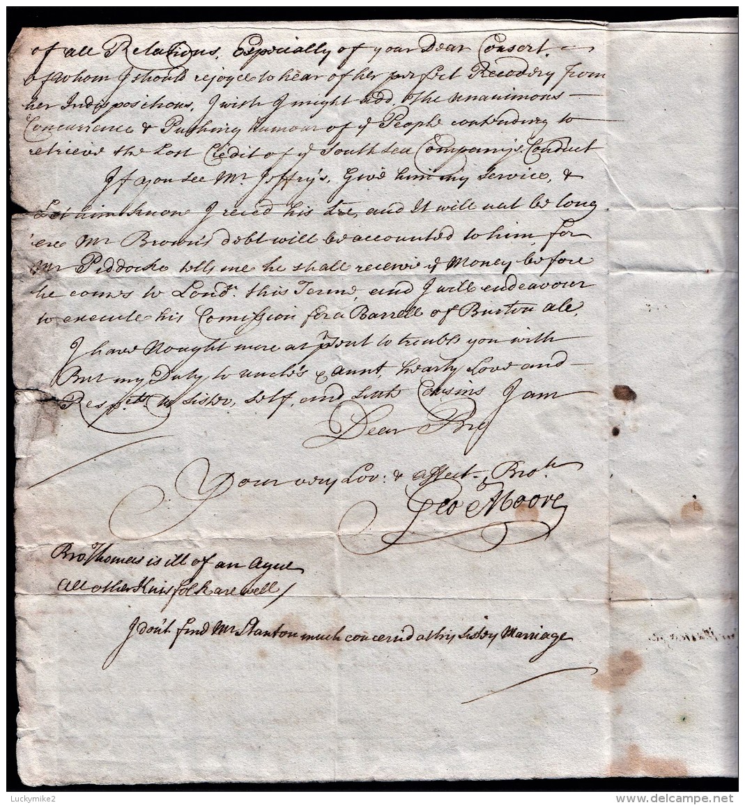1720 'South Sea Bubble Letter From "George Moore, Appleby" To "John Moore, Grays Inn".   Ref 0368 - Other & Unclassified