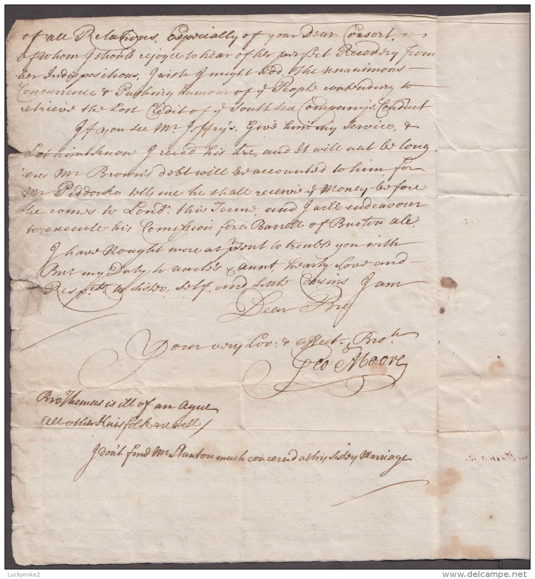 1720 'South Sea Bubble Letter From "George Moore, Appleby" To "John Moore, Grays Inn".   Ref 0368 - Other & Unclassified