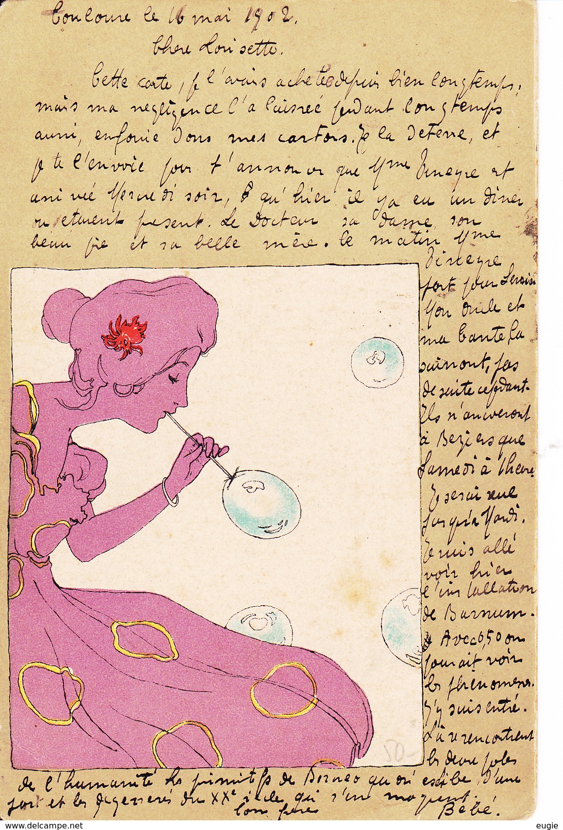 2347/ Oude Getekende Kaart, In Stijl Van Kirchner, Dame Blaast Bellen, 1902 - 1900-1949
