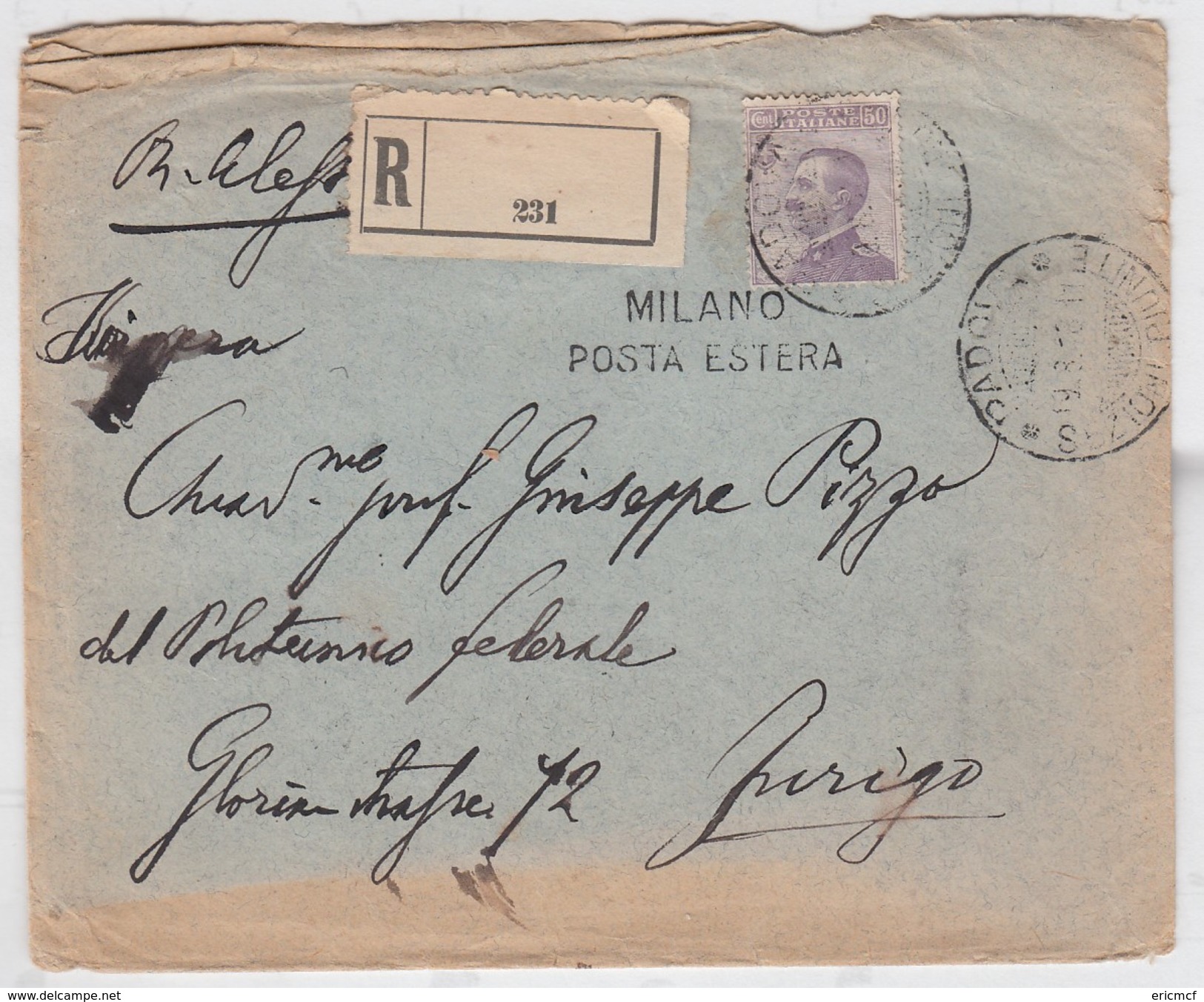 Italy 1918 Registered Cover To Switzerland Posta Estera Vice-Presidents Office - Assurés