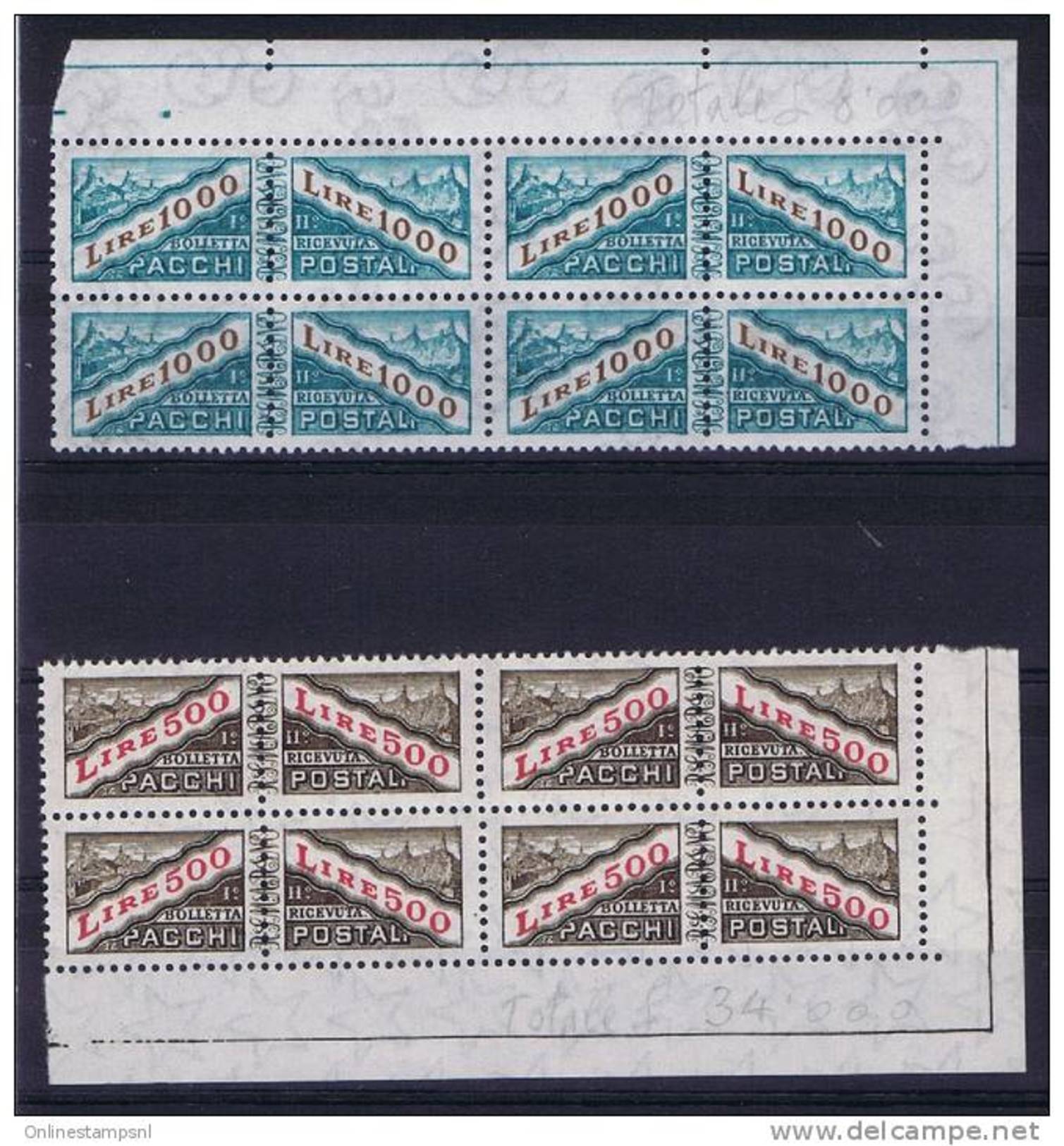 San Marino Michel 46 + 47 Pakketmarken , 1967-72 Cornermargins Of 8 Pieces, MNH/**, - Ongebruikt