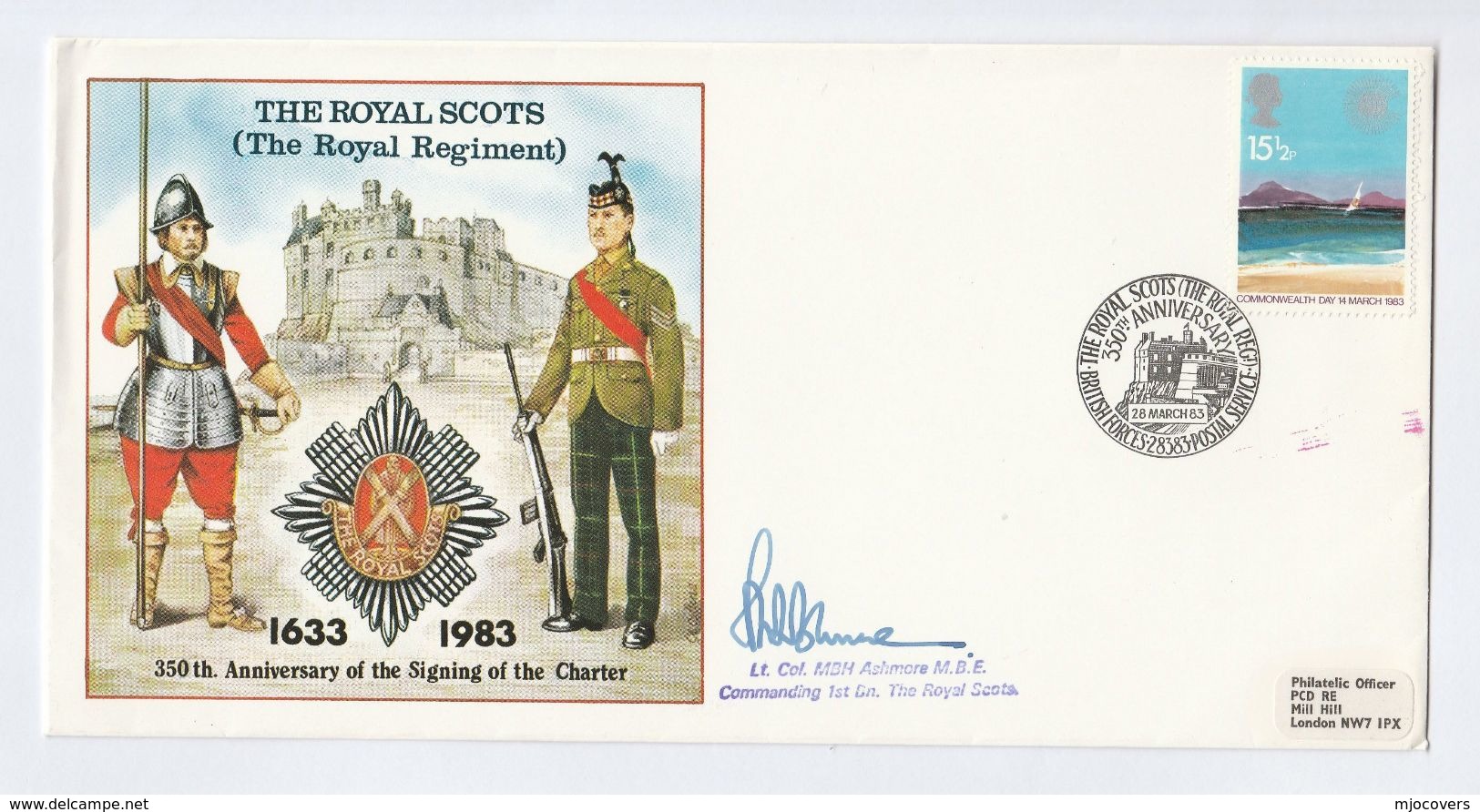 SIGNED Col ASHMORE Royal SCOTS REGIMENT Aniv EVENT COVER Carried SPECIAL TRAIN Edinburgh London RAILWAY Forces Stamps - Militaria