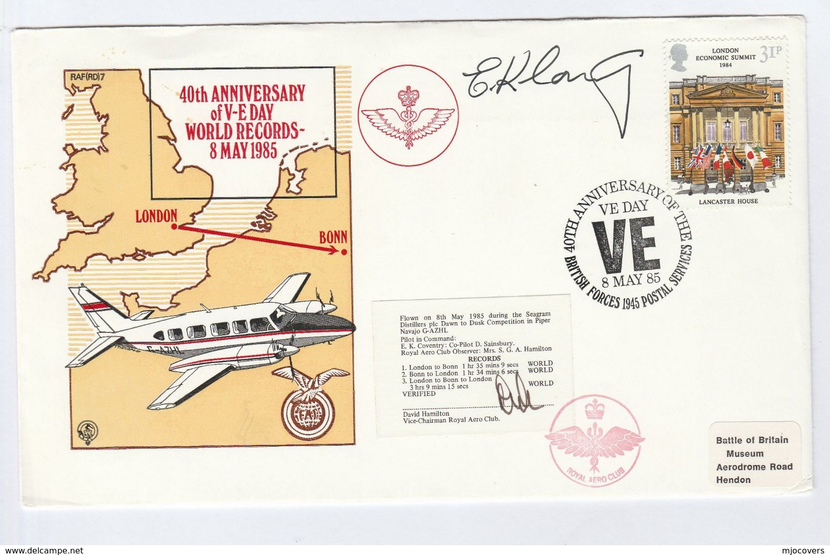 1985 GB VE DAY Anniv SIGNED World RECORD FLIGHT COVER  Wwii Aviation Stamps - WW2