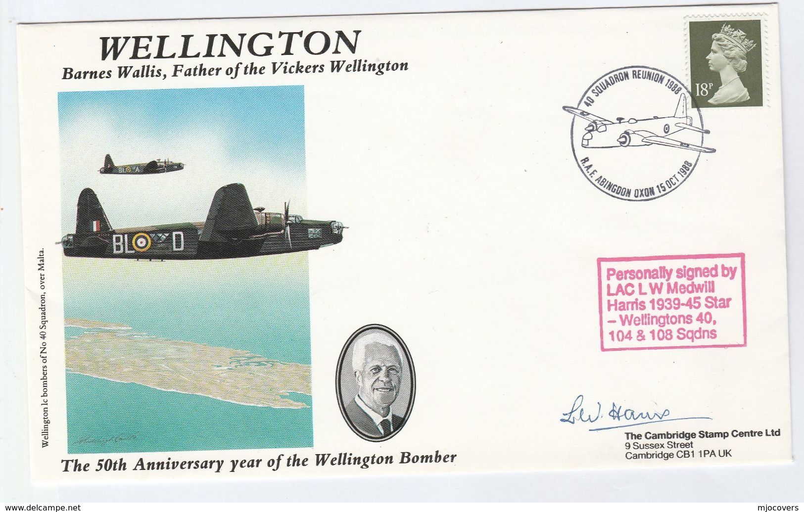 SIGNED By LAC LW MEDWILL HARRIS - WELLINGTON BOMBER 50th Anniv LTD EDITION COVER  RAF Abingdon Aviation Gb Wwii Flight - WW2