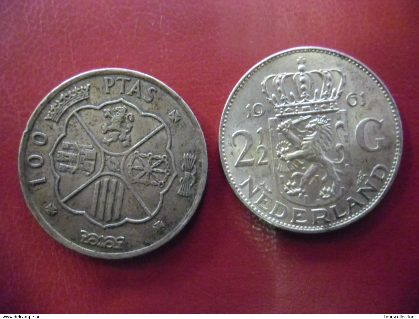Lot De 2 Monnaies : ESPAGNE 100 PESETAS ARGENT 1966 (66) Et 2,5 Gulden Silver Hollande Pays Bas Nederland Juliana 1961 - Alla Rinfusa - Monete