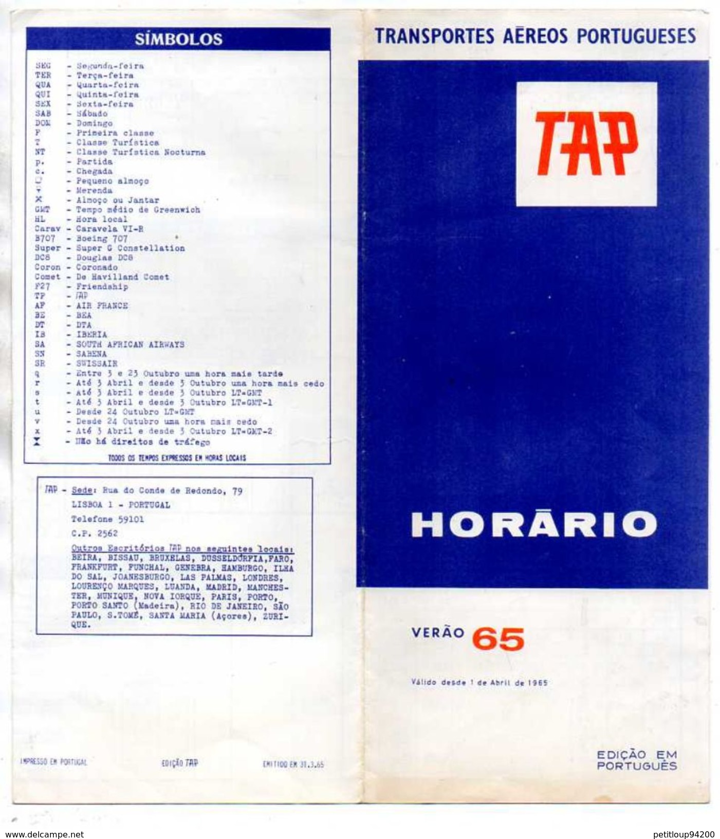 TAP HORAIRES/TIME TABLE  Annee 1965 - Horarios