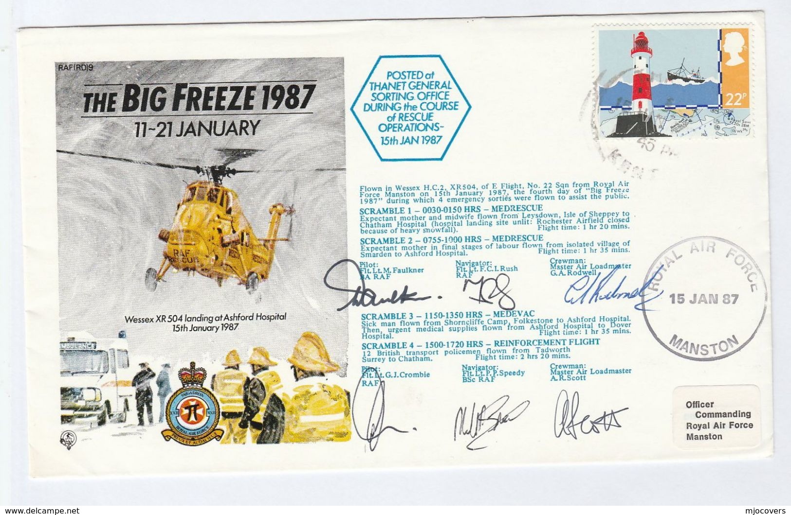SIGNED By 6 On HELICOPTER RESCUE 4 X SCRAMBLE FLIGHT To Hospital BIG FREEZE 1987 THANET Kent Cover Aviation Stamp Health - Helicopters