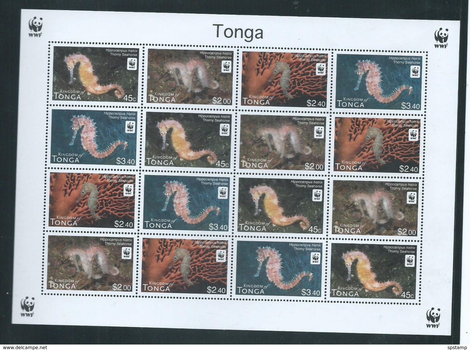 Tonga 2012 WWF Seahorse Complete Sheet Of 4 Strips Of 4 , Full Margins , MNH - Tonga (1970-...)