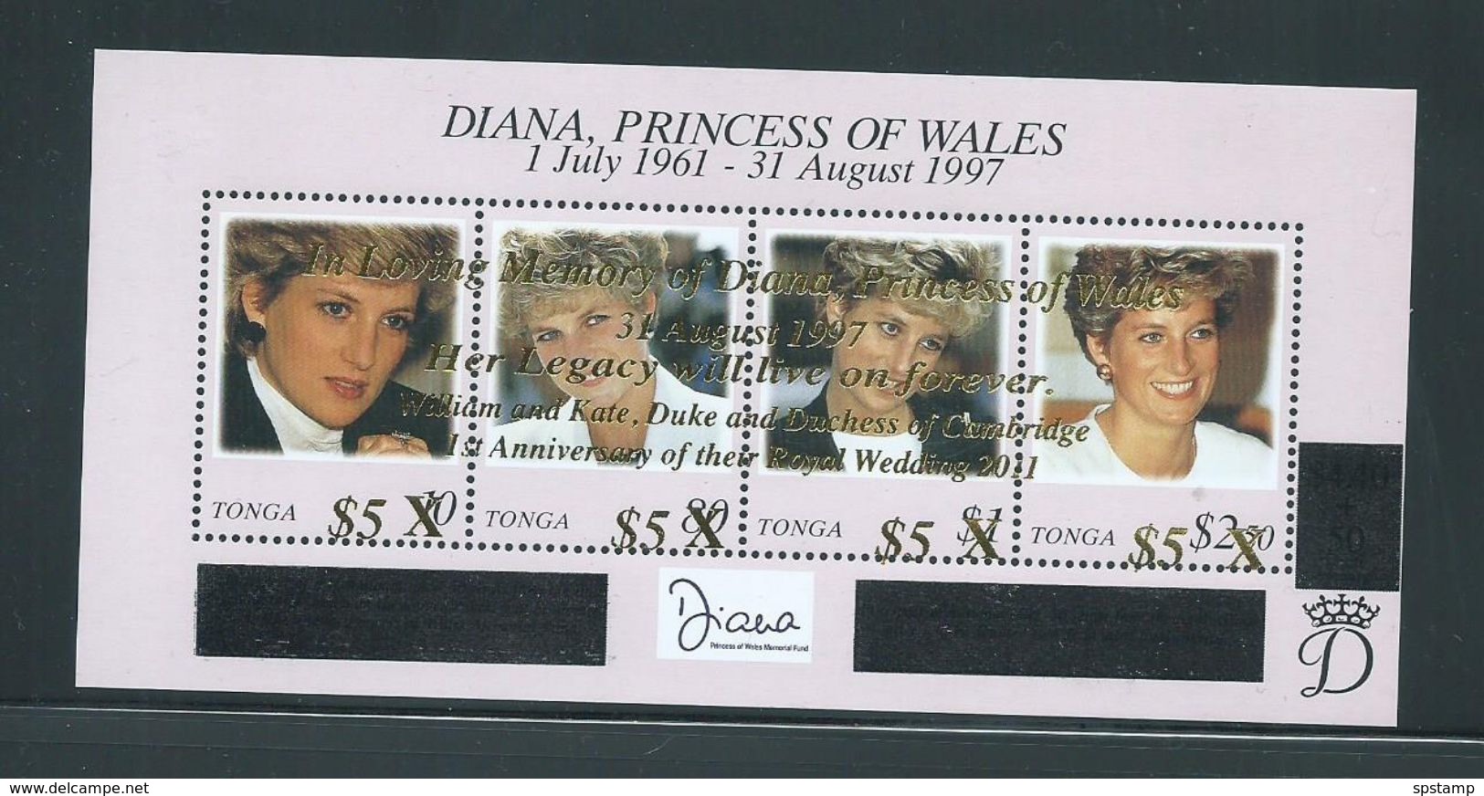Tonga 2012 Princes Diana Memorial Overprinted & Surcharged Sheet Of 4 X $5 For William & Kate MNH - Tonga (1970-...)