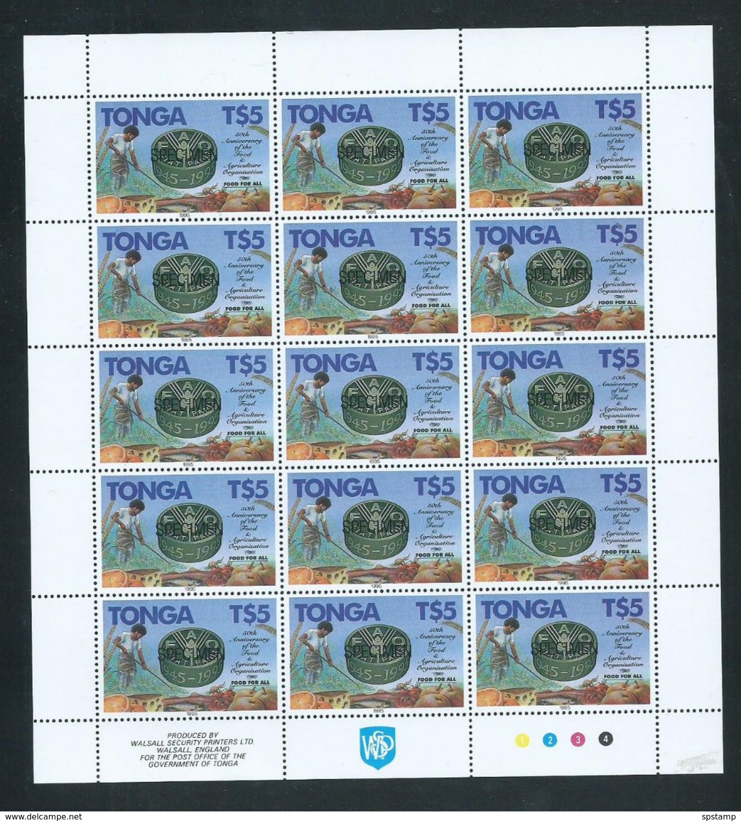 Tonga 1995 FAO Farm & Agriculture Products $5 Single MNH Full Sheet Of 15 With Imprints & Margins Specimen Overprint - Tonga (1970-...)