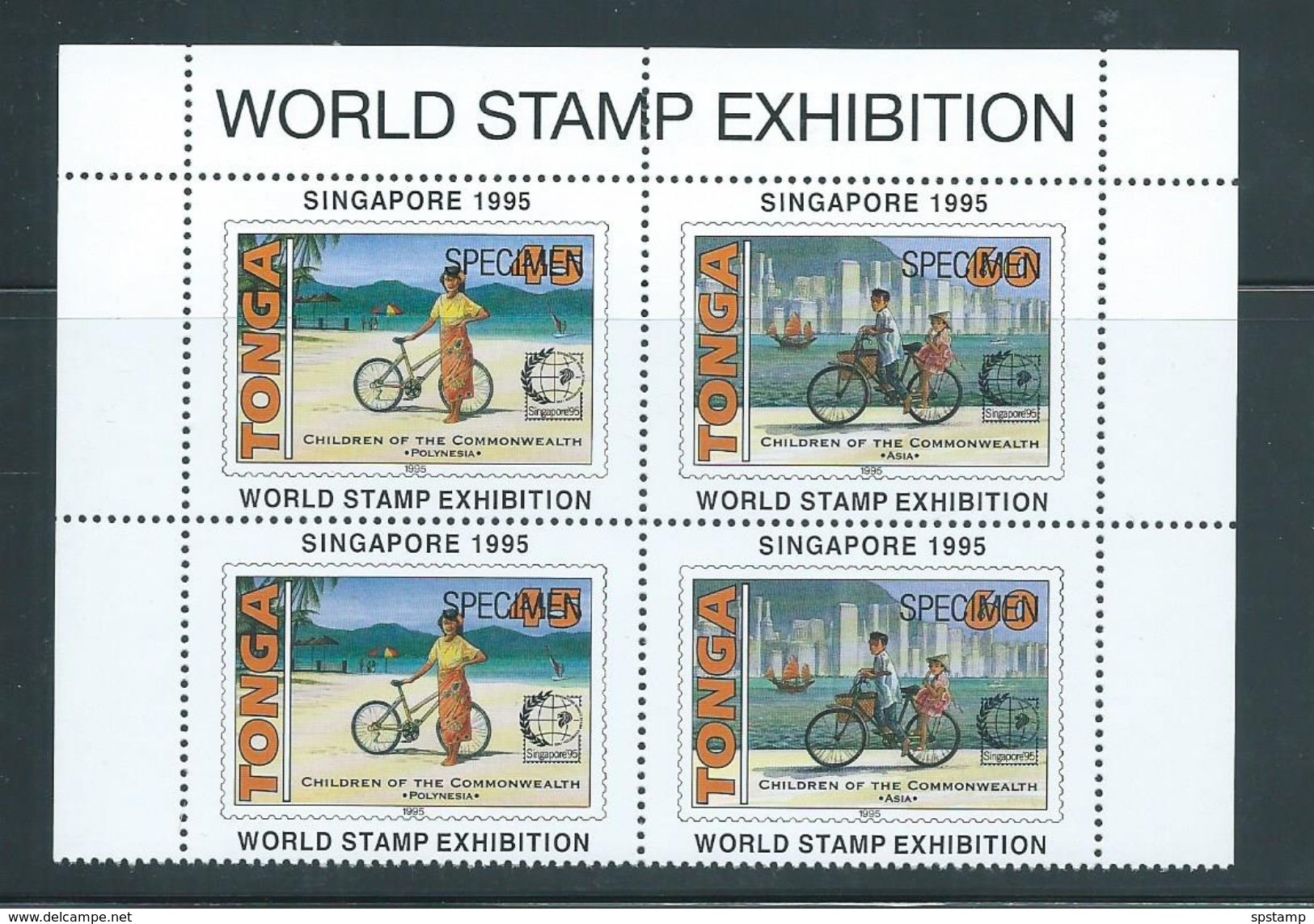 Tonga 1995 Singapore Stamp Exhibition 2 Joined Pairs As Marginal Block Of 4 From Top Of Sheet MNH Specimen Overprint - Tonga (1970-...)