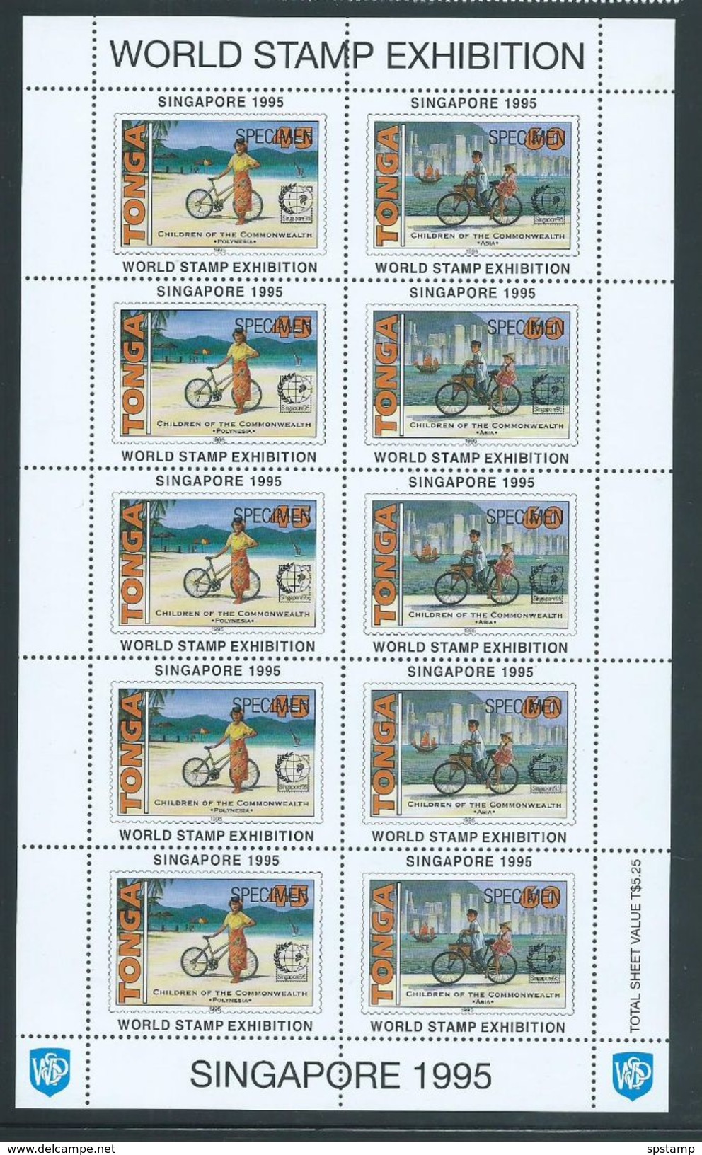 Tonga 1995 Singapore Stamp Exhibition 5 Joined Pairs In Full Sheet With Margins MNH Specimen Overprint - Tonga (1970-...)