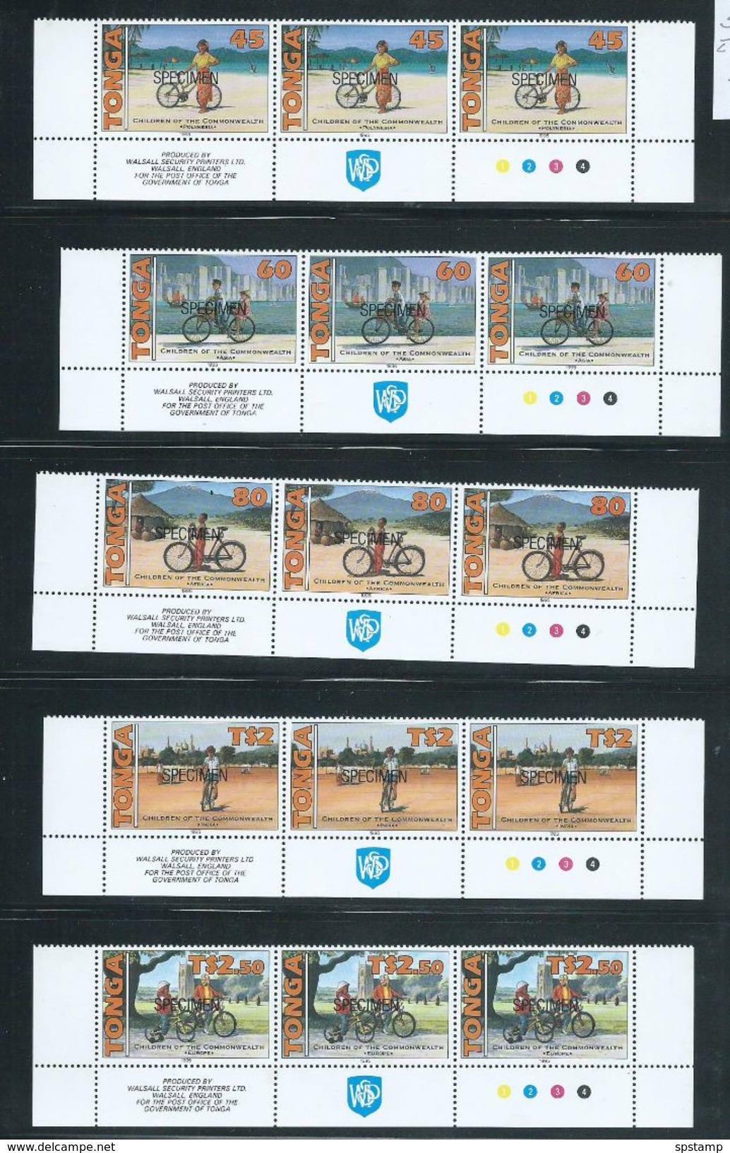 Tonga 1995 Commonwealth Children Bicycle Set Of 5 MNH Imprint Strips Of 3 Specimen Overprints - Tonga (1970-...)
