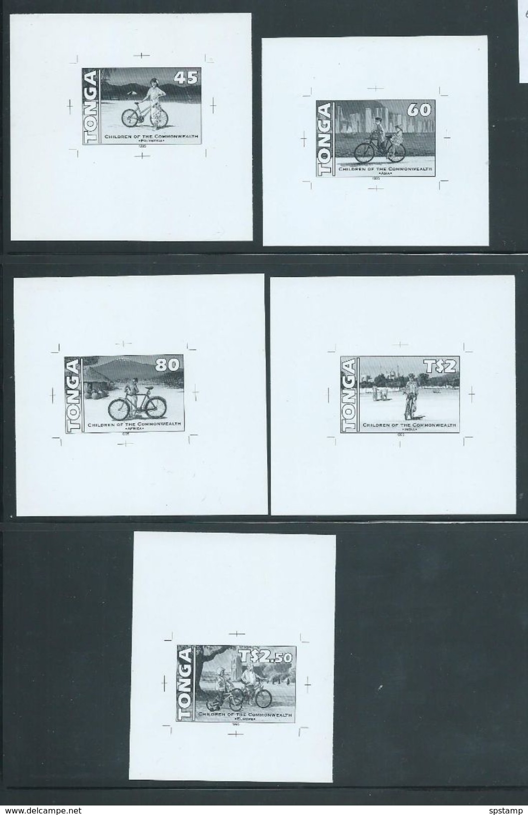 Tonga 1995 Commonwealth Children Bicycle Set Of 5 Black & White Proofs - Tonga (1970-...)