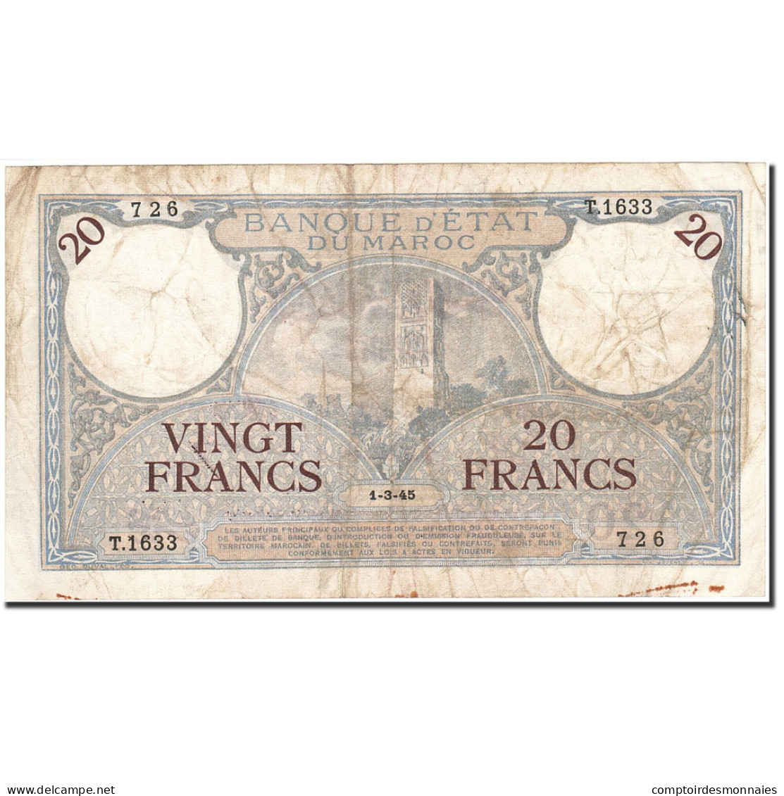 Billet, Maroc, 20 Francs, 1928-1929, 1945-03-01, KM:18b, TTB - Maroc