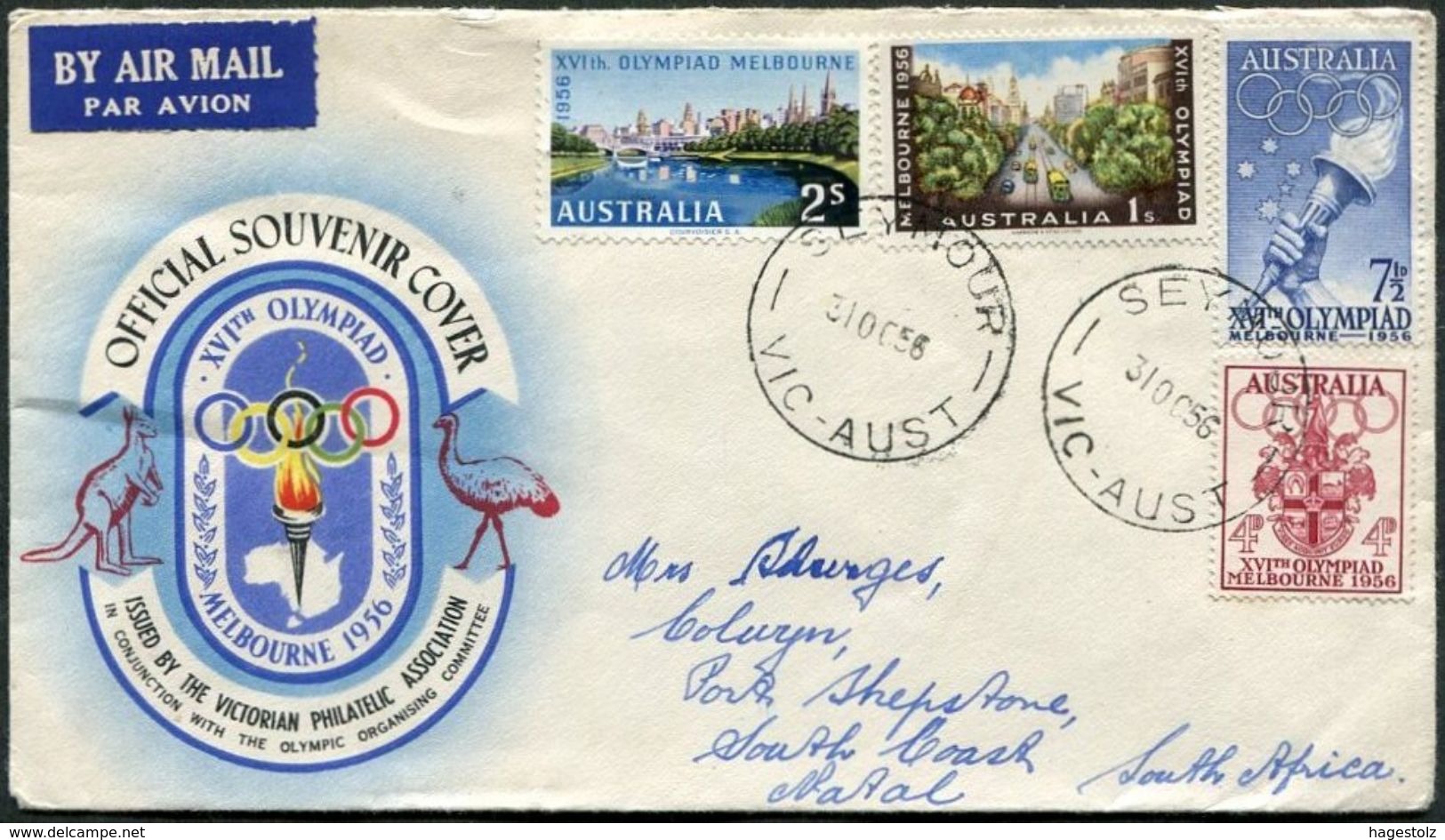 Australia 1956 FDC Olympic Games Melbourne Jeux Olympiques Olympische Spiele SEYMOUR Cds Mailed To South Africa - Summer 1956: Melbourne