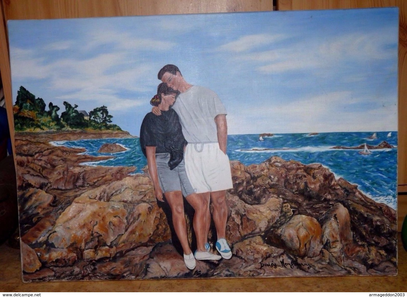 BELLE PEINTURE ACRYLIQUE SUR TOILE SIGNE MONFOURNY COUPLE AU BORD DE LA MER TBE - Acryliques