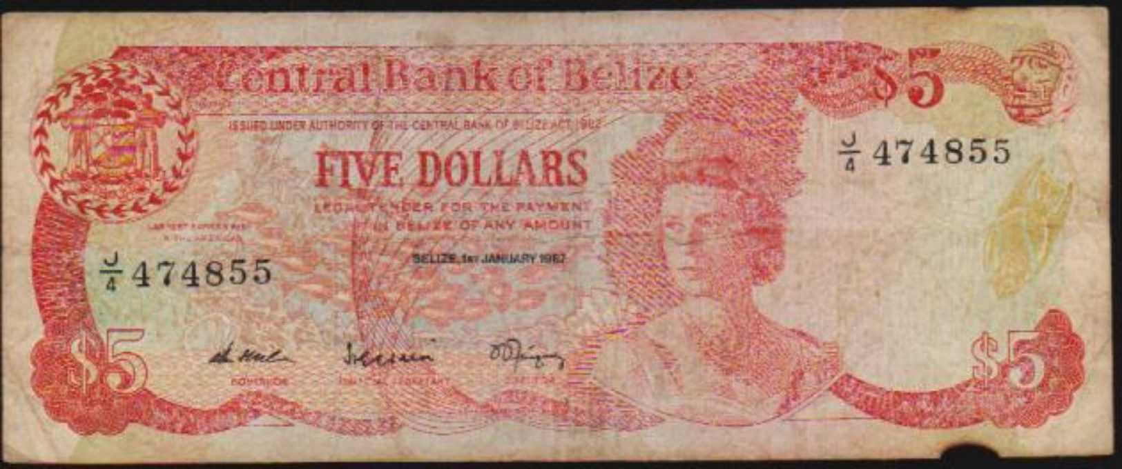 1982 BELIZE QEII FIVE DOLLARS NOTE IN A NICE COLLECTIBLE GRADE - Belize