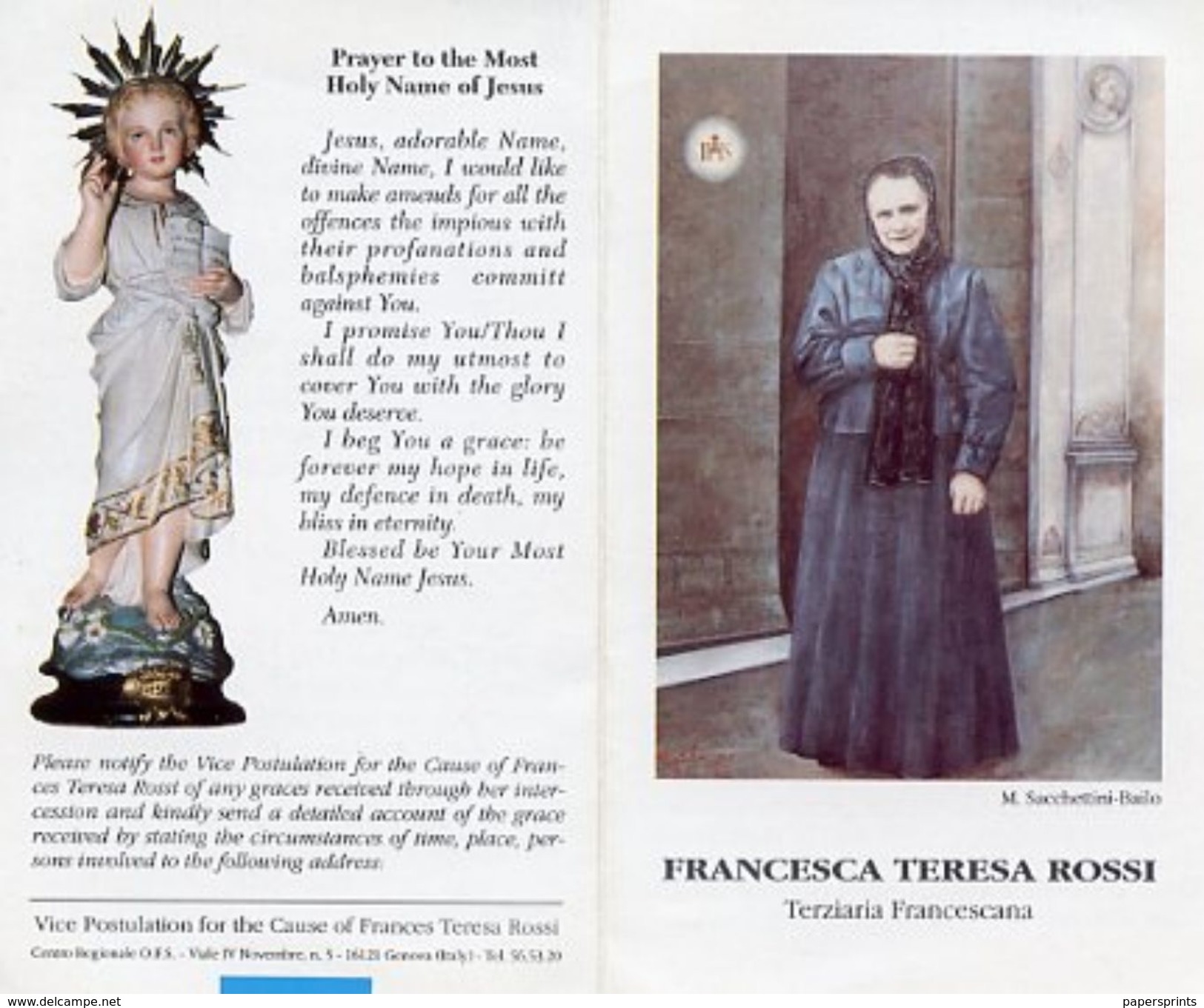 Santino Depliant FRANCESCA TERESA ROSSI Terziaria Francescana (Texts In English) - PERFETTO N61 - Religione & Esoterismo