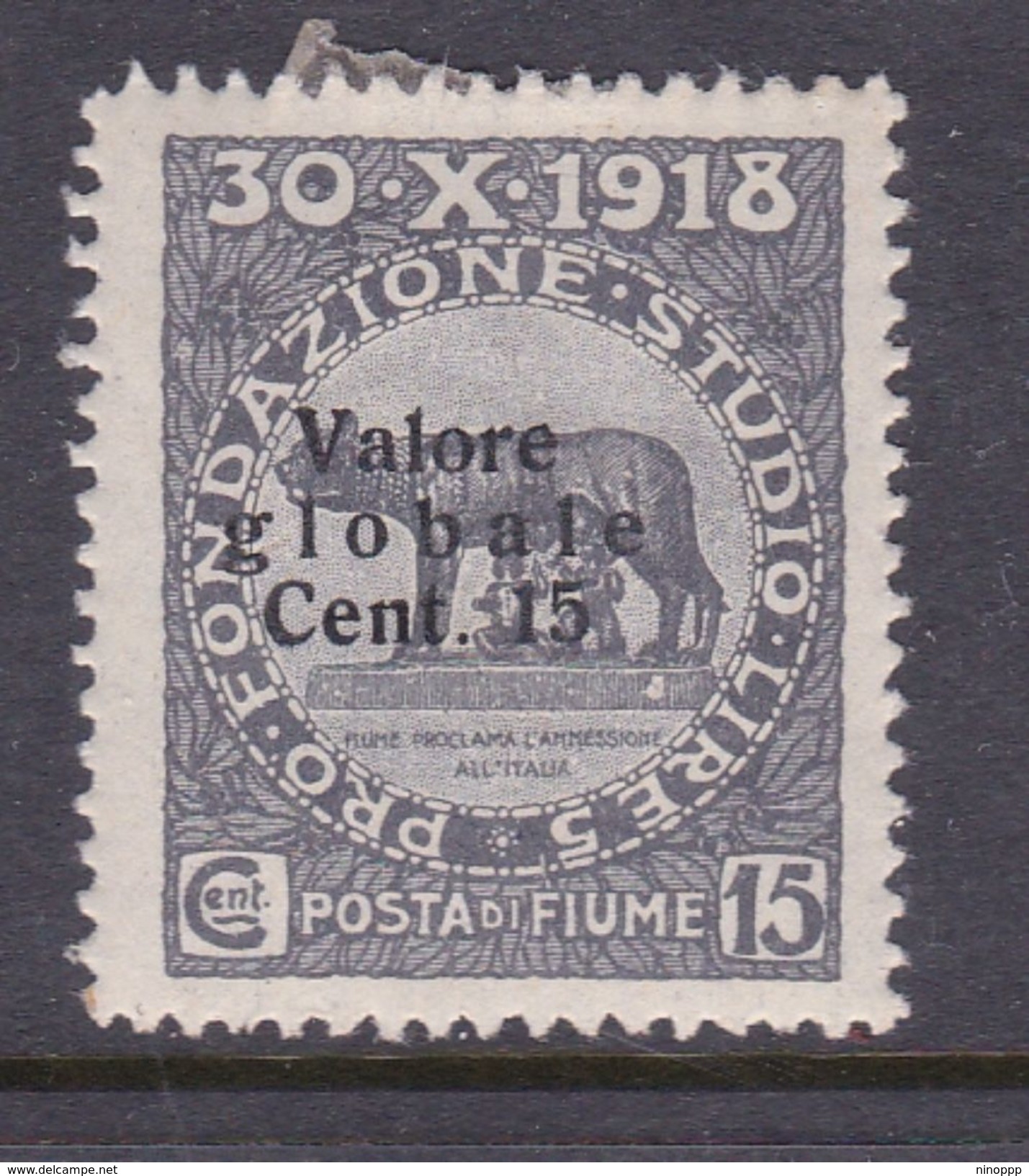 Fiume S101 1920 Pro Fondazione Studio Stamps Surcharged, Bold Letters, 15c On 15c Gray, Mint Hinged - Fiume