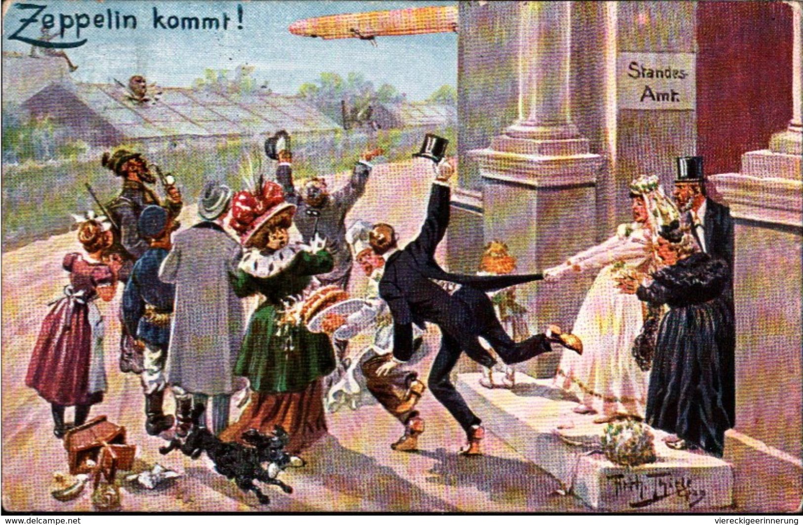 ! 1909 Künstlerkarte Sign. Arthur Thiele, Leipzig, Zeppelin Kommt, Hochzeit, Luftschiff, Dirigeable - Thiele, Arthur