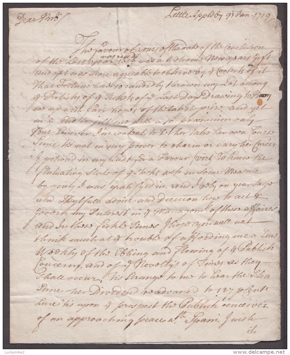 1719 'South Sea Bubble' Letter From "Geo.Moore, Little Appleby" To Brother "John Moore, Bedford Row, London.   Ref 0369 - Other & Unclassified