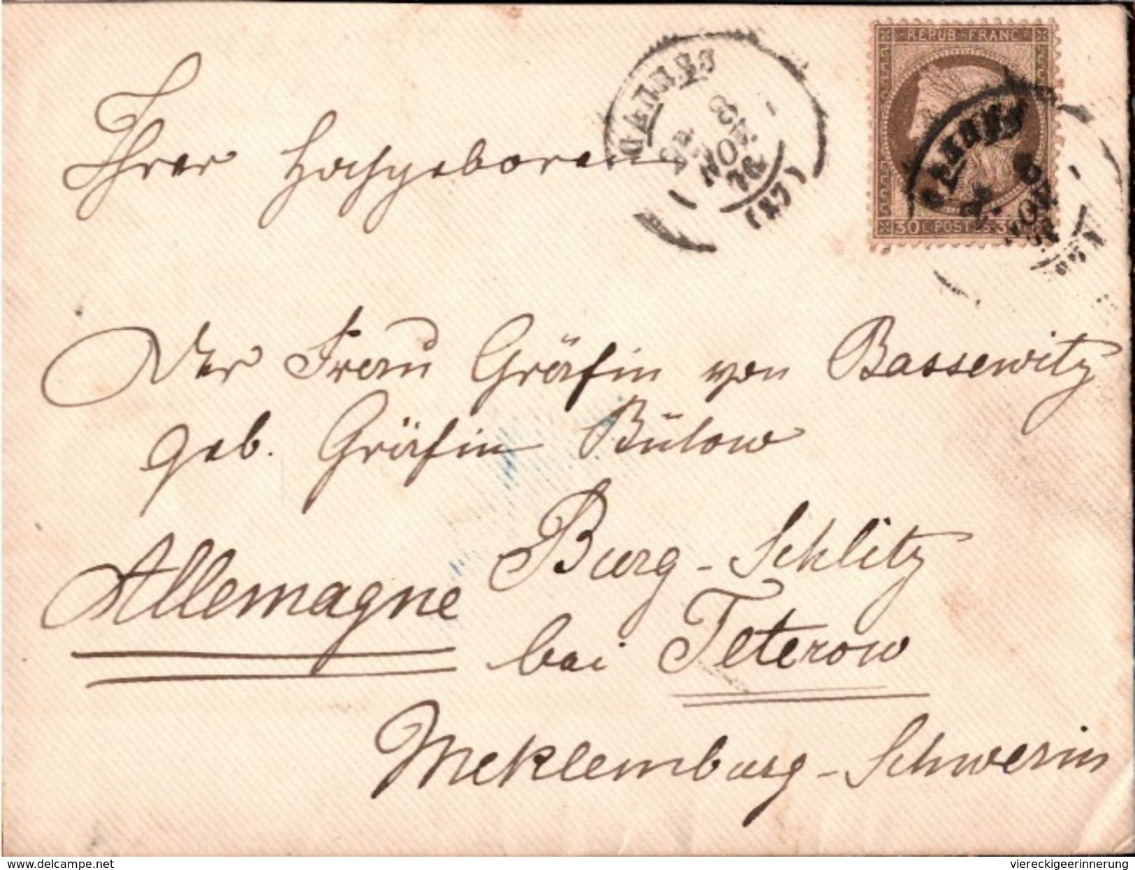 ! 1876 Schöner Adelsbrief Aus Cannes An Frau Gräfin Von Bassewitz Auf Burg Schlitz Bei Teterow Mecklenburg-Schwerin - Mecklenburg-Schwerin
