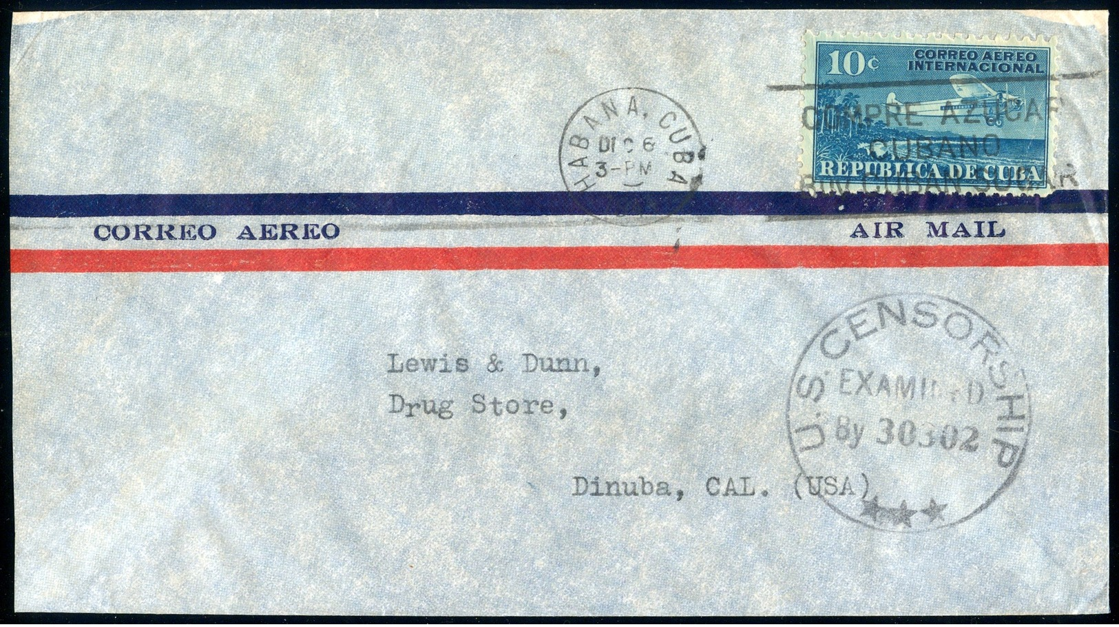 1931 Flight Cover Habana Cuba Air Cover To Dinuba California USA CENSORSHIP - Airmail