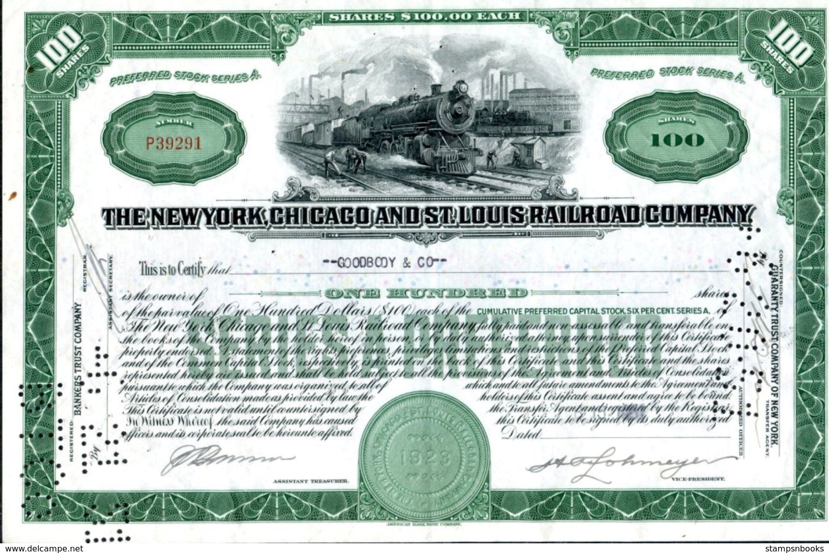 'The New York, Chicago And St Louis Railroad Company' $100 Share Certificate. Railway Train. Bankers Trust - Railway