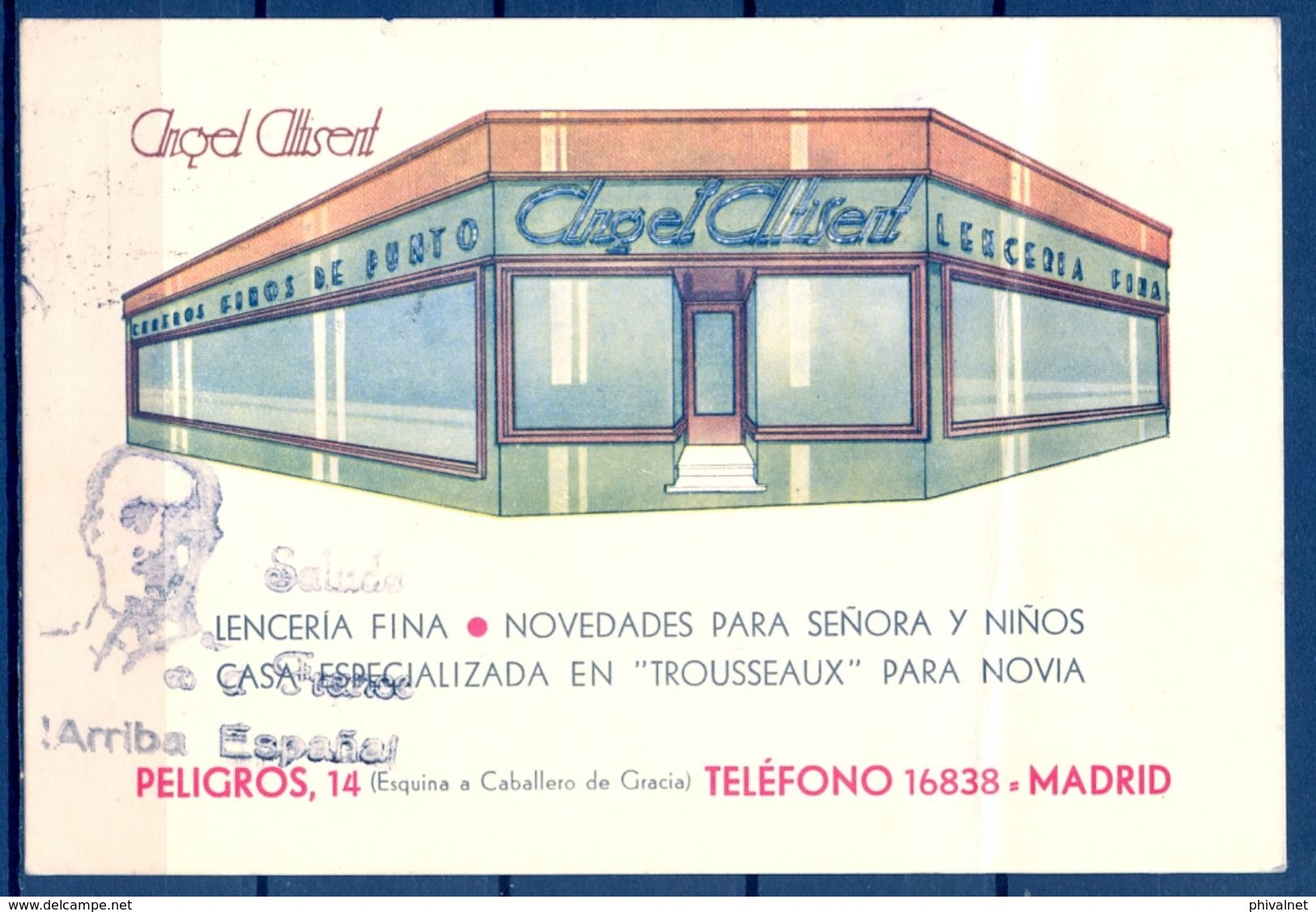 1939 , MADRID , TARJETA PUBLICITARIA ANGEL ALTISENT , LENCERIA FINA , GENEROS DE PUNTO , CIRCULADA , CENSURA - Tiendas