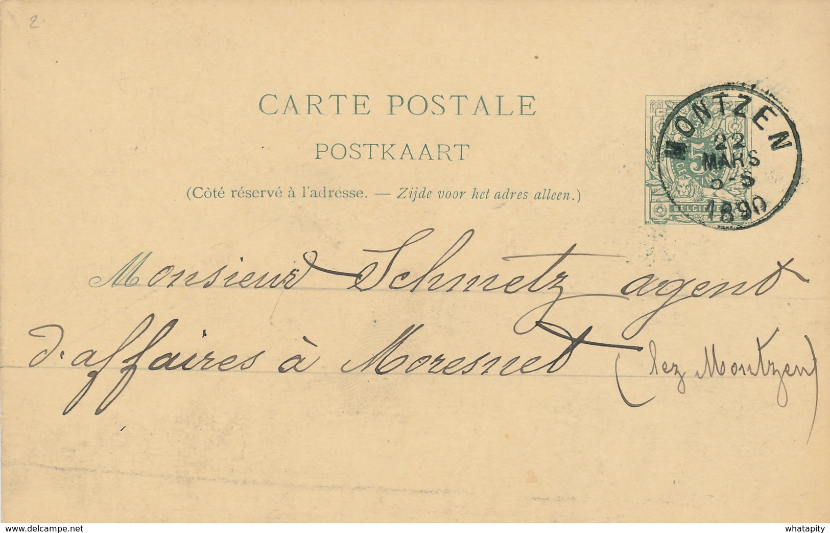 YY451 - CANTONS DE L'EST - Entier Postal Lion Couché MONTZEN 1890 à MORESNET - Origine Manuscrite GEMMENICH - Cartes Postales 1871-1909