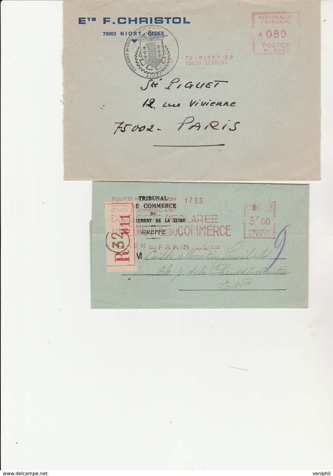 LETTRE RECOMMANDEE CHAMBRE DE COMMERCE PARIS-1941- + LETTRE  CAD CHAMBRE DE COMMERCE NIORT 1974 - EMA (Print Machine)