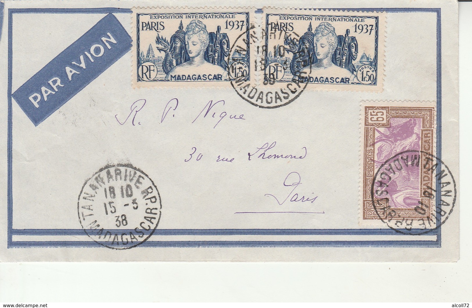Lettre-Madagascar-Tananarive Pour Paris-15 Mars 1938. - Covers & Documents