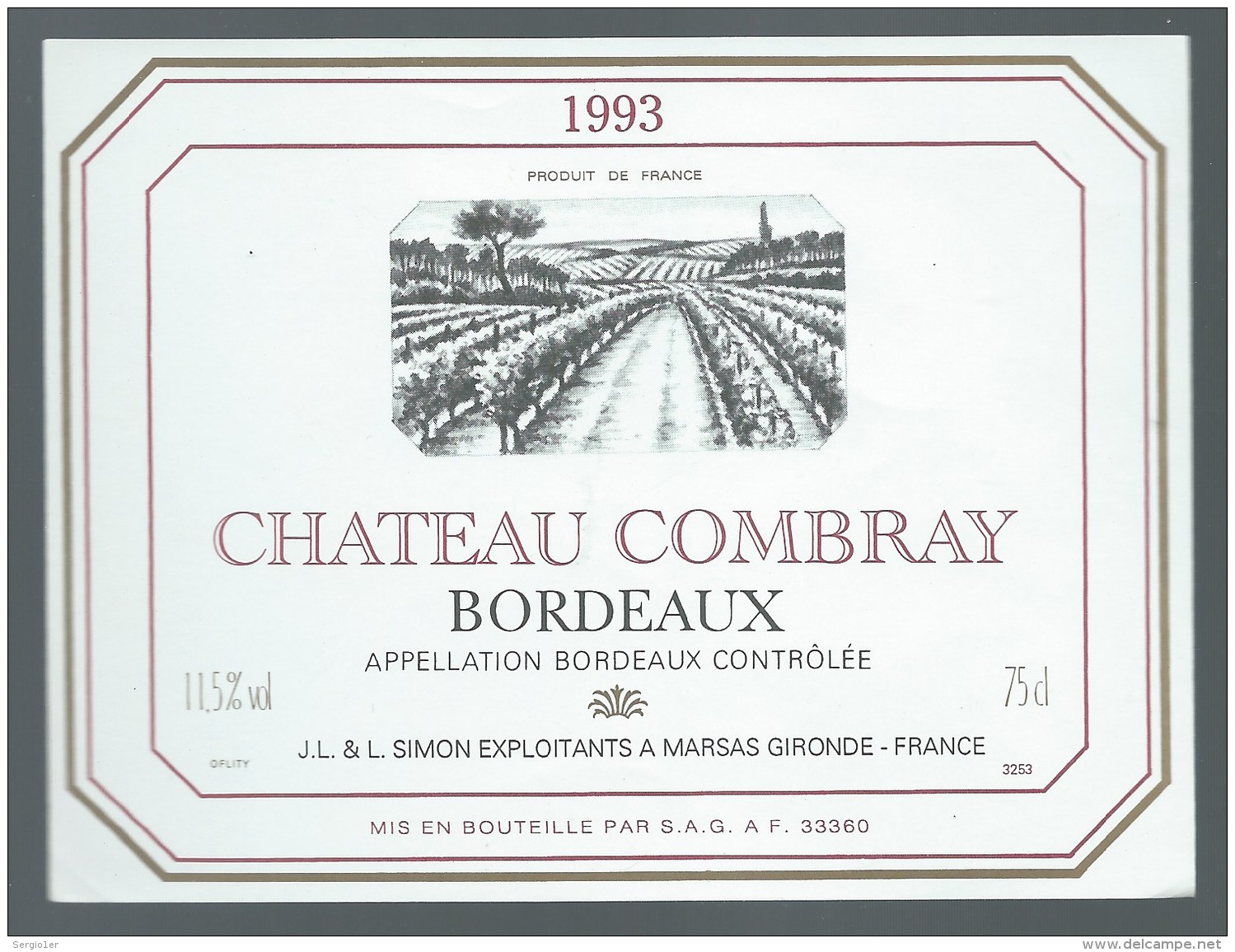 Etiquette  Vin De Bordeaux   Chateau Combray  1993  J L &amp; L Simon Exploitant - Bordeaux