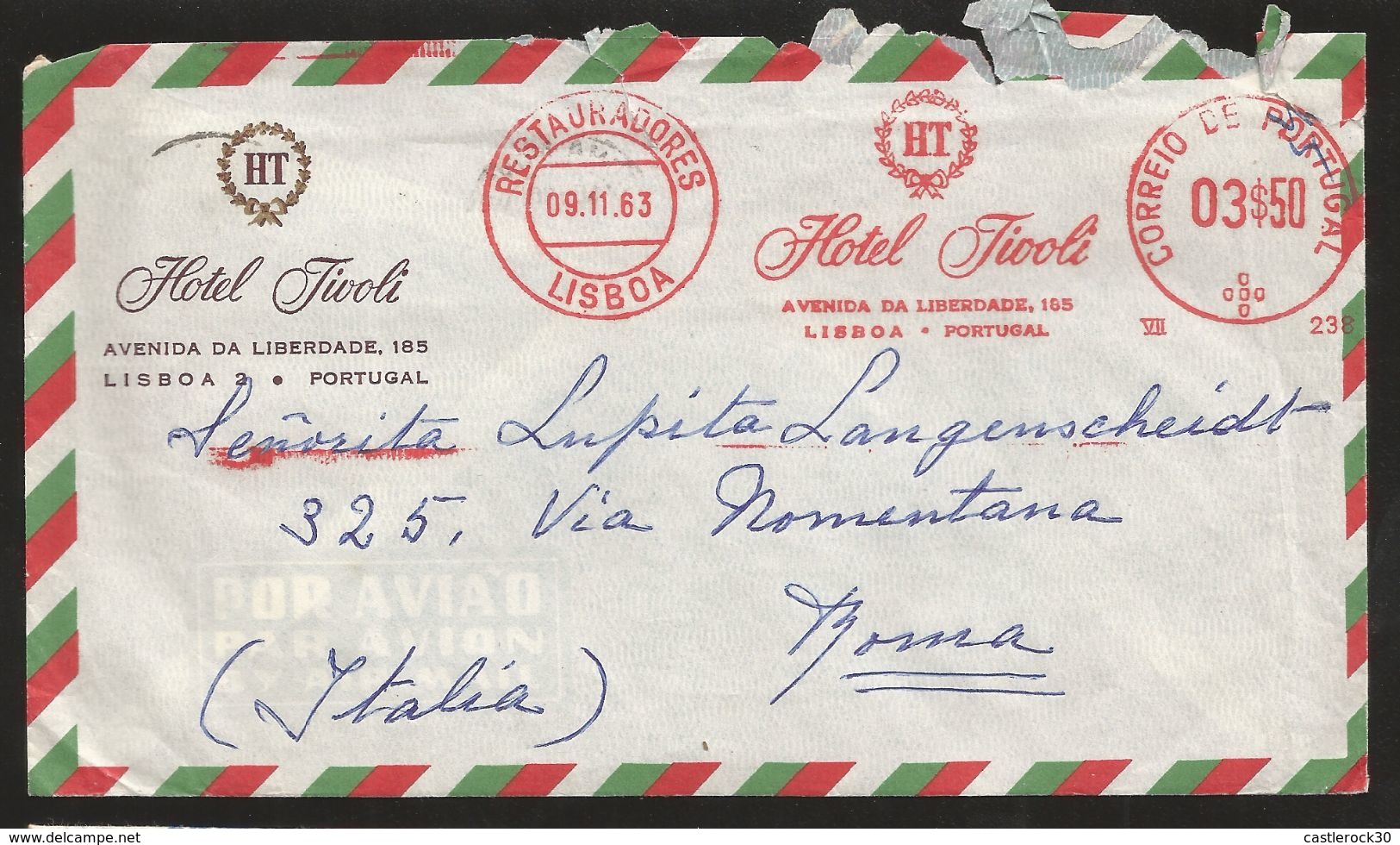 A) 1963 PORTUGAL, LISBOA, HOTEL, AIRMAIL, CIRCULATED COVER FROM PORTUGAL TO ITALY. F. - Used Stamps