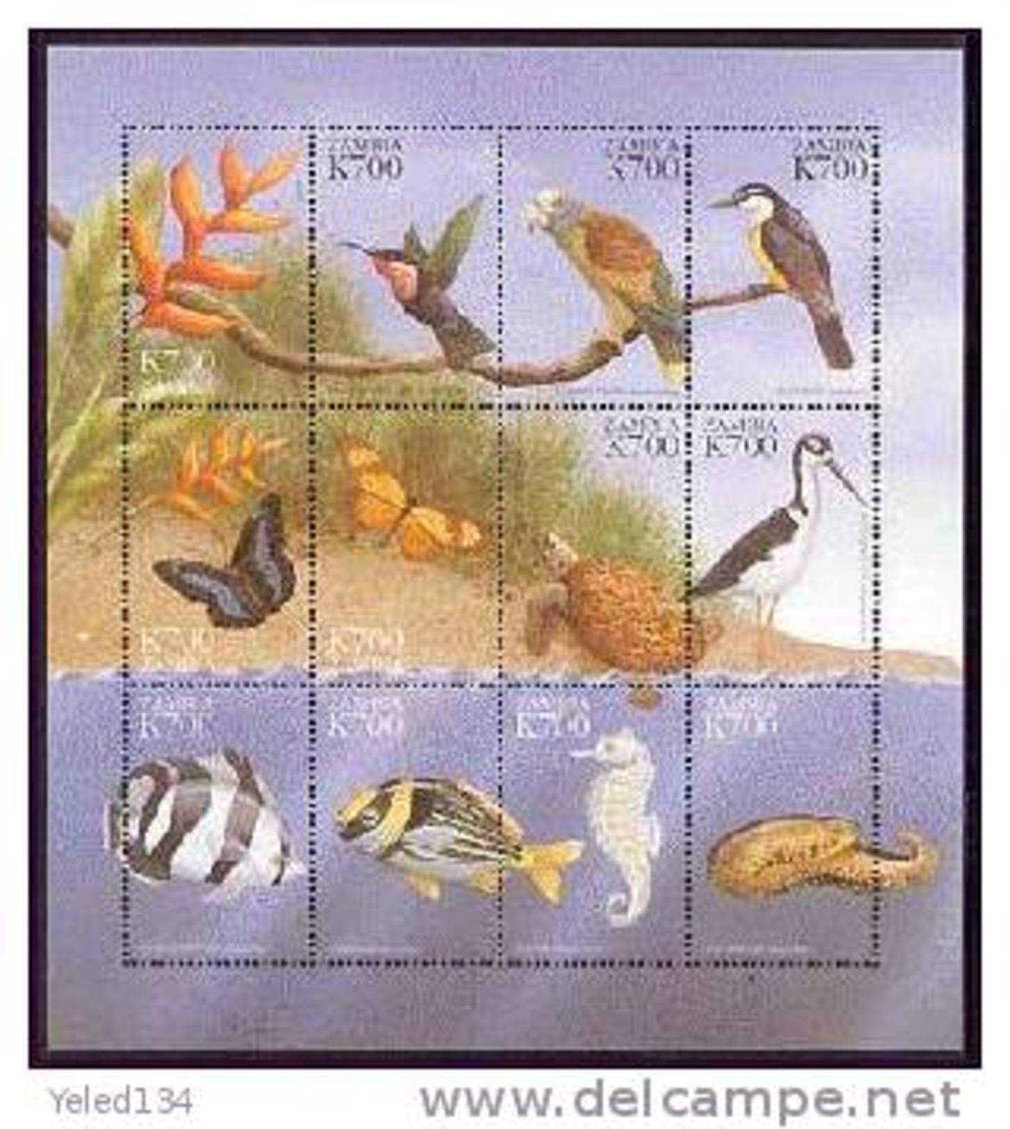 ZANBIA   827 ; MINT NEVER HINGED MINI SHEET OF BIRDS ; Fish ; Butterflies ; Turtle - Zambia (1965-...)