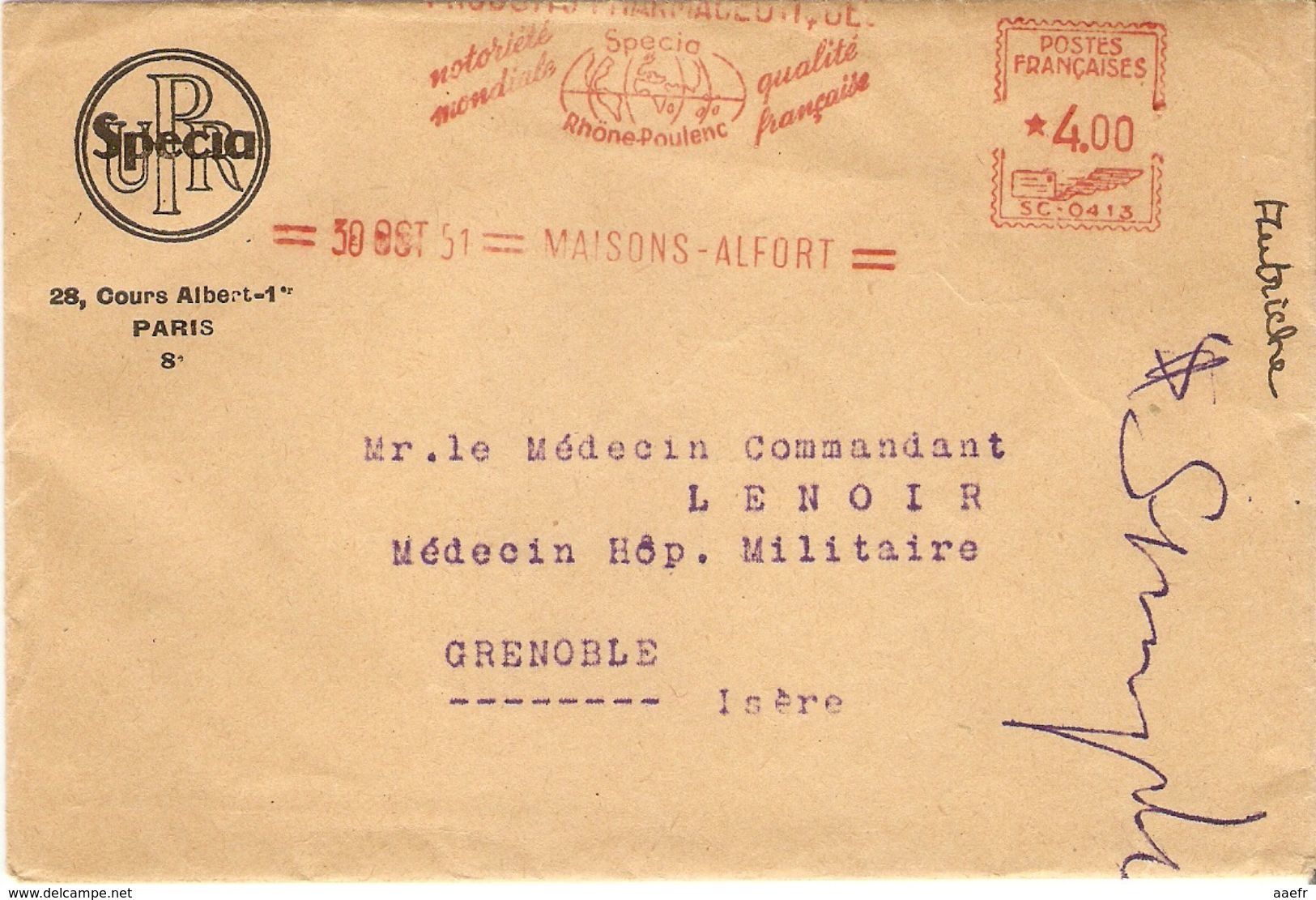 France 1951 - Lettre De Specia/Rhône-Poulenc) Au Médecin Commandant De L' Hôpital Militaire à Grenoble - Flamme  Pub RP - Lettres & Documents