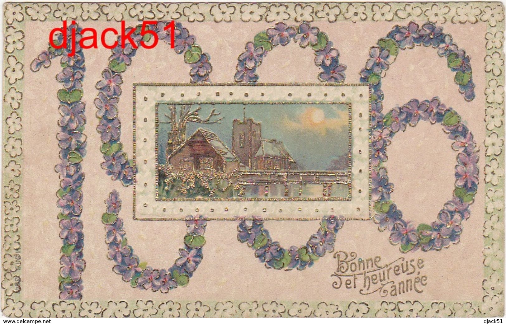 Bonne Année / 1906 / Jolie Carte Gauffée / Fleurs, Village - New Year