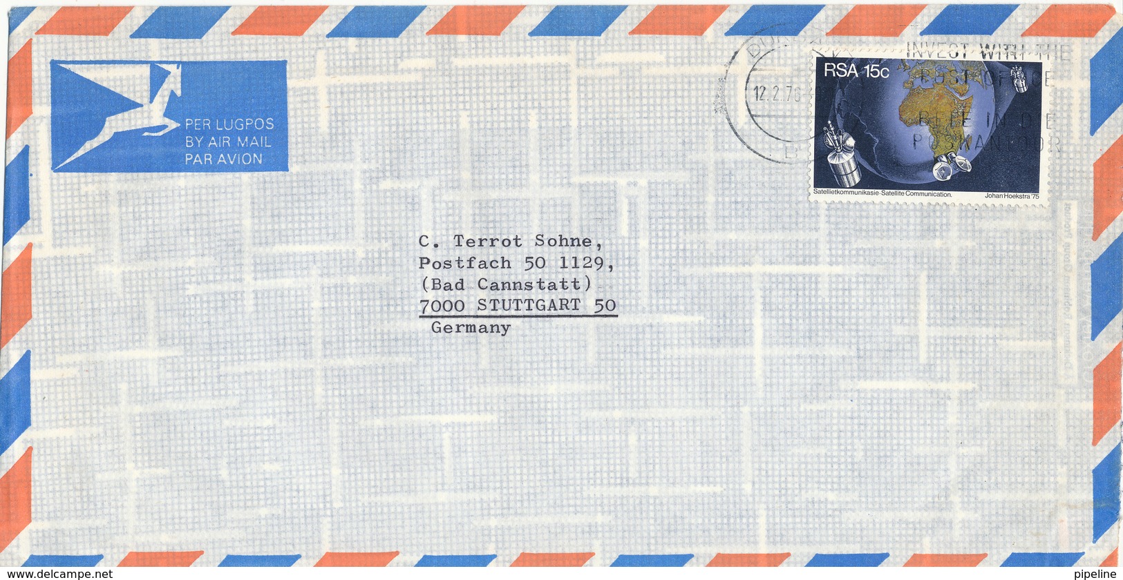 South Africa Air Mail Cover Sent To Germany Durban 12-2-1976 MAP On The Stamp - Poste Aérienne