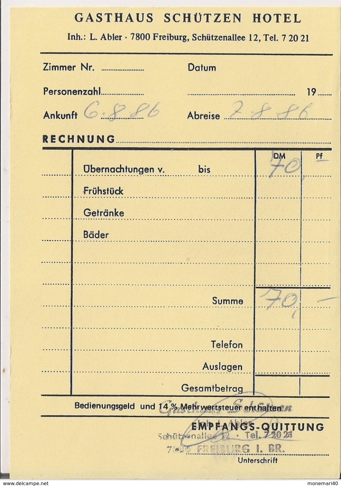 GASTHAUS SCHUTZEN HOTEL - FREIBURG (Note D'hotel - 1986) - 1950 - ...