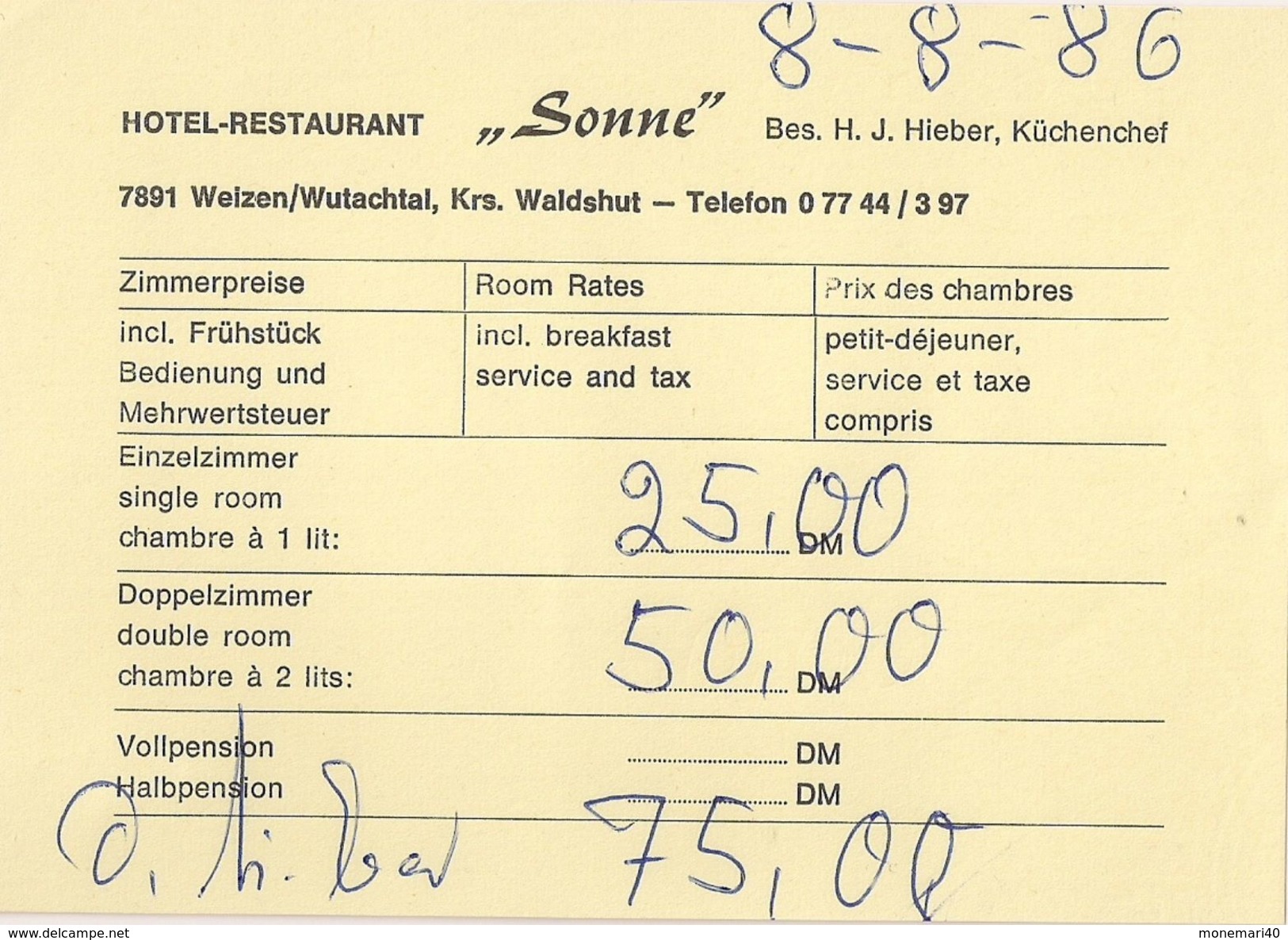 HOTEL-RESTAURANT 'SONNE' - WEIZEN/WUTACHTAL - (Note D'hotel - 1986) - 1950 - ...