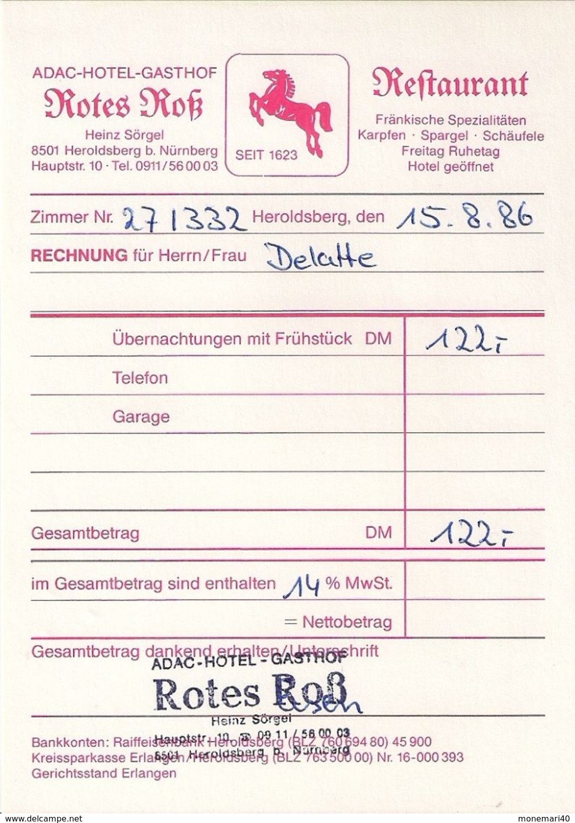 ADAC-HOTEL-GASTHOF 'ROTES ROB' Heroldsberg B. Nürmberg - (Note D'hôtel- 1986) - 1950 - ...