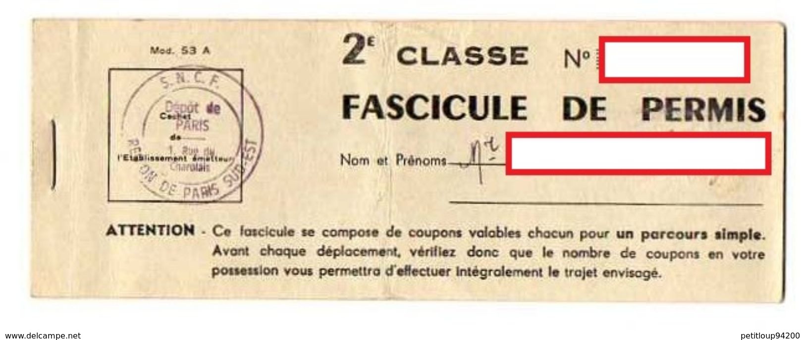 FASCICULE DE PERMIS Permis De Circulation  2e CL.SNCF - Europe