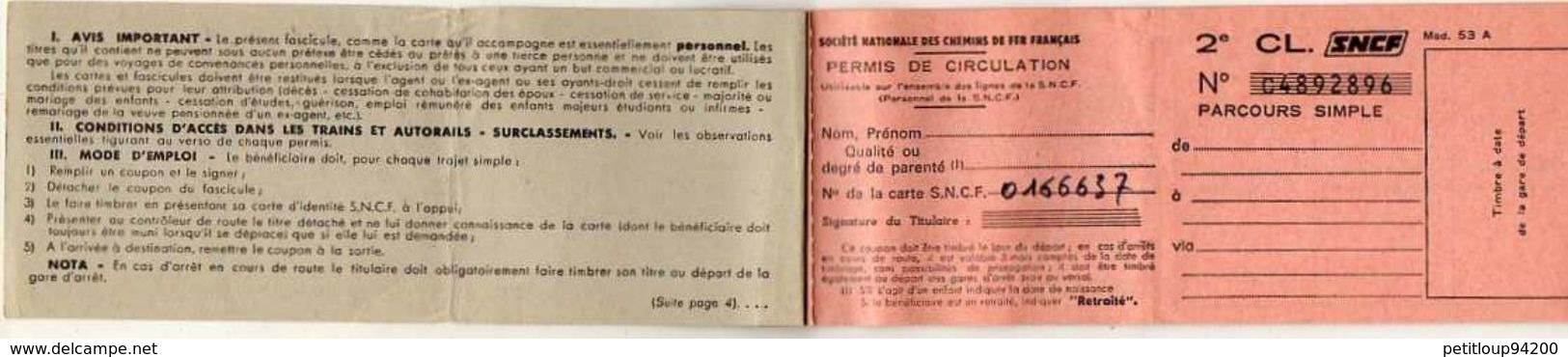 FASCICULE DE PERMIS Permis De Circulation  2e CL.SNCF - Europe