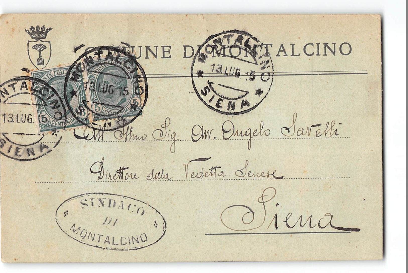 825 02 COMUNE DI MONTALCINO X SIENA - Storia Postale