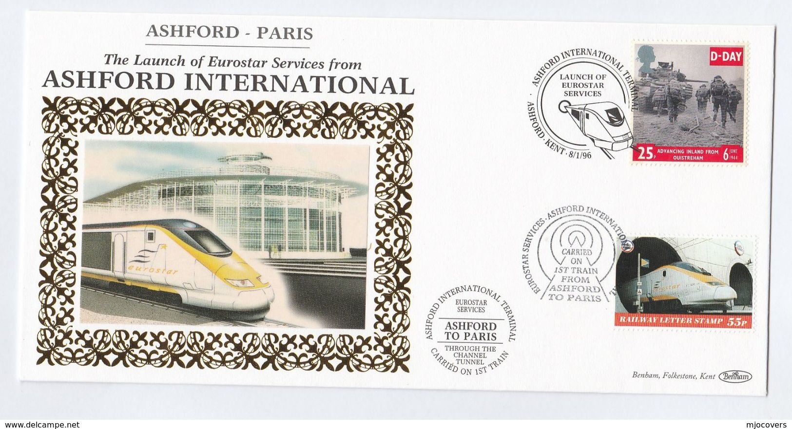1996 Eurostar TRAIN  CARRIED 1st CHANNEL TUNNEL Railway SERVICE Ashford GB Paris France Cover Stamps Event - Trains