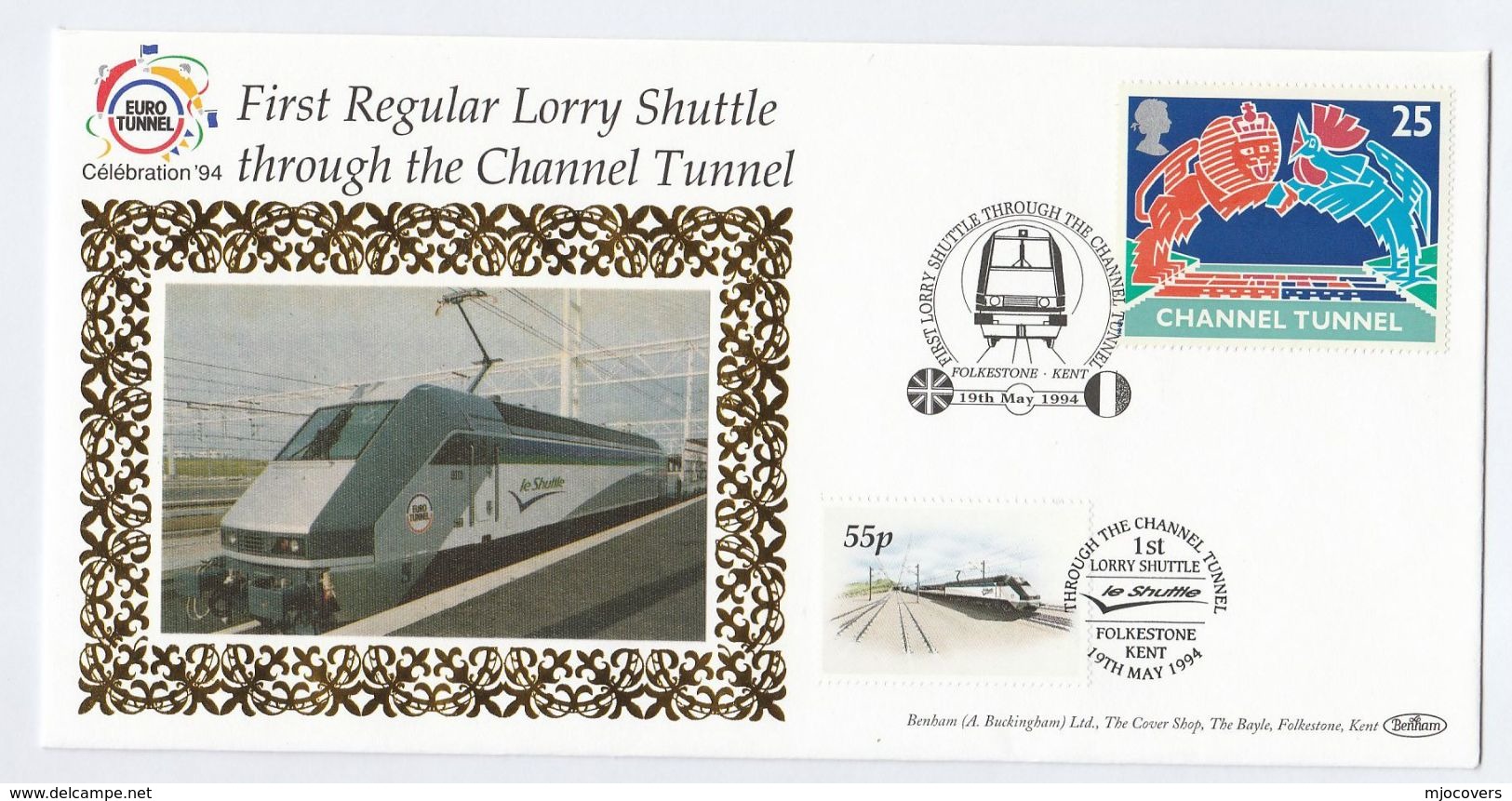 1994 Eurostar TRAIN CARRIED 1st LORRY SHUTTLE Service CHANNEL TUNNEL Railway FOLKESTONE GB Cover Stamps Event - Trains