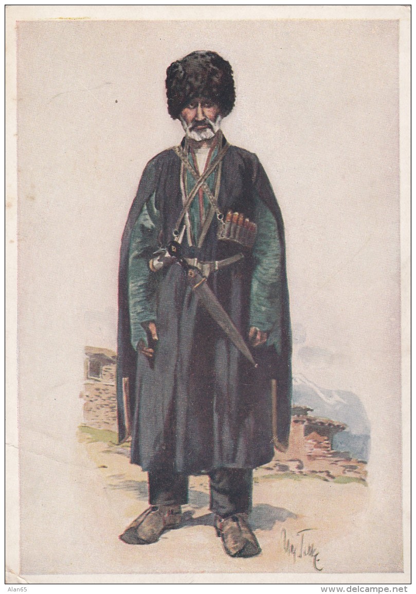 Caucasus Caucasian Ethnic Fashion Artist Image, Man In Hat With Knife, C1930s Vintage Postcard - Moda