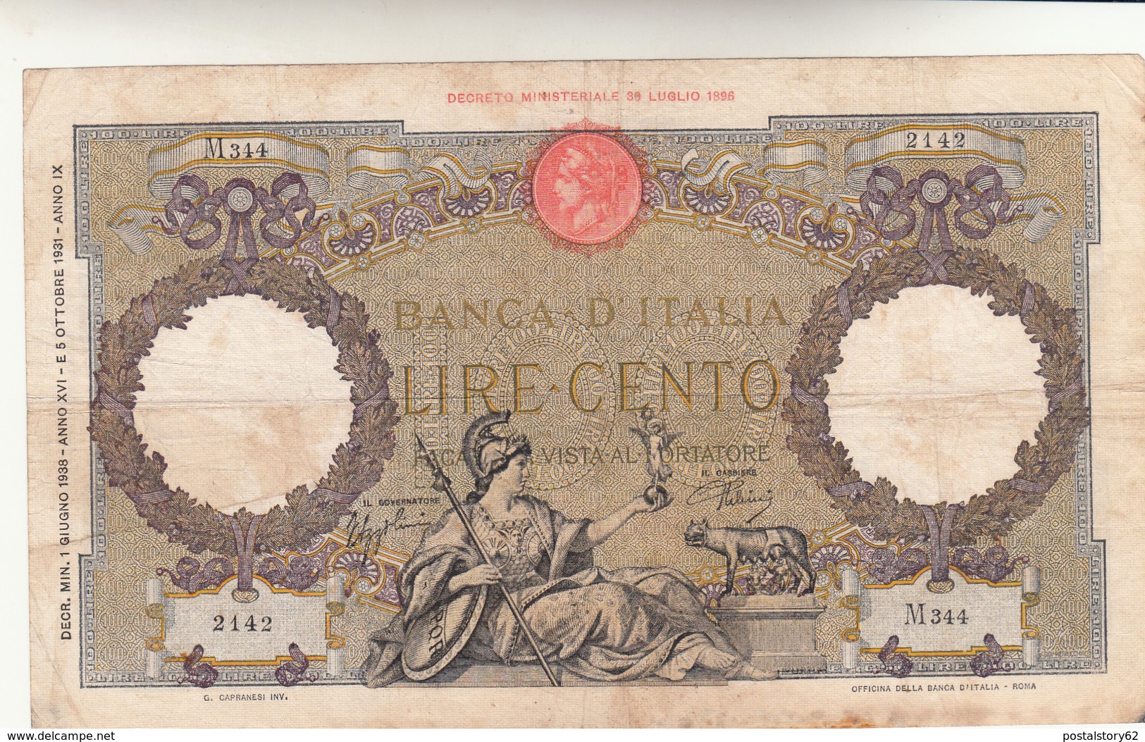 Lire 100 Aquila Romana Fascio. Vittorio Emanuele III  01-06 1938  Firma Azzolini Urbini. Qualche Macchia. - 100 Lire