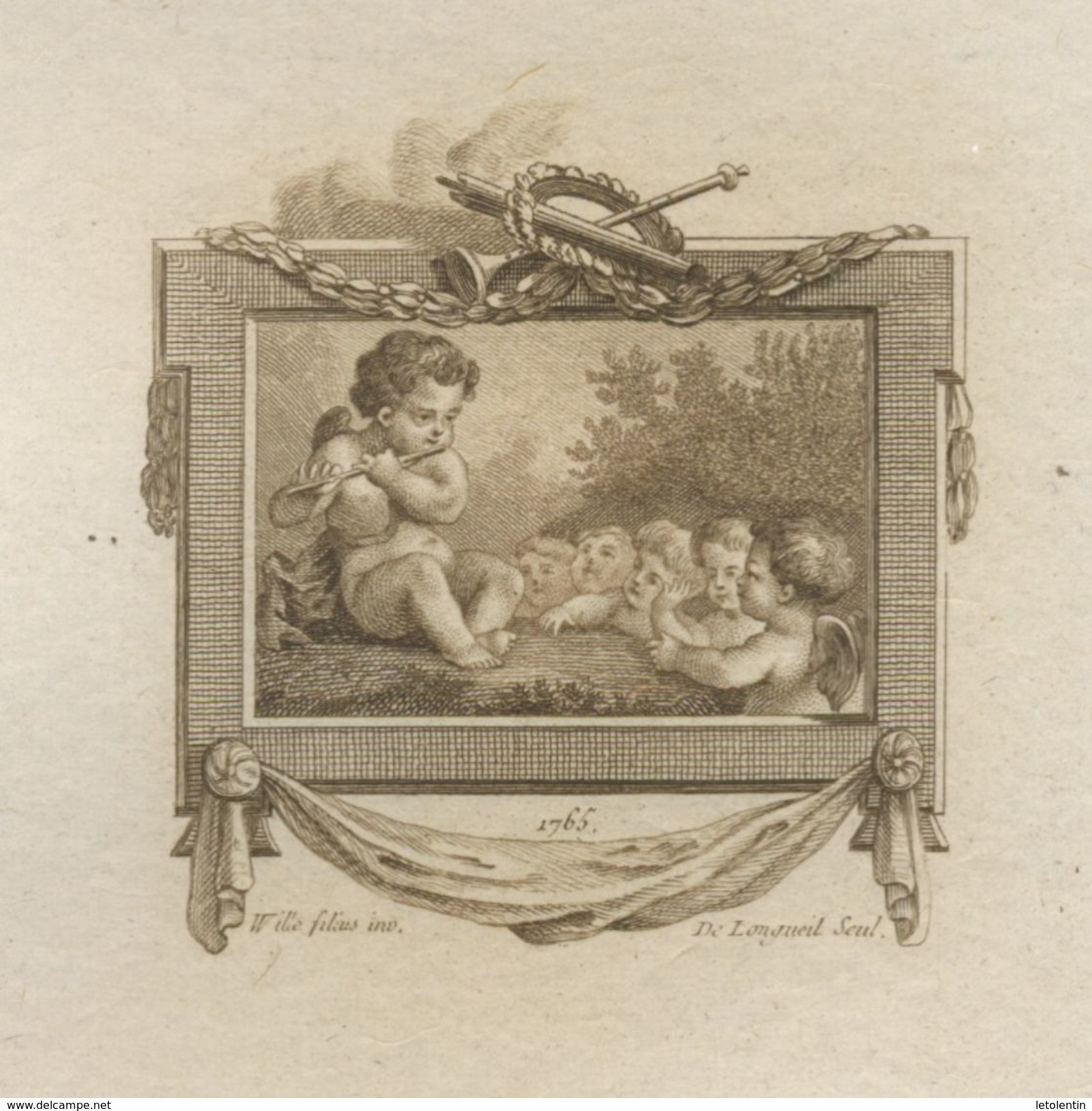 GRAVURE SÉPIA DU18è DU GRAVEUR DE LONGUEIL "UN ANGE JOUANT DE LA FLUTE" 1765 - Estampes & Gravures